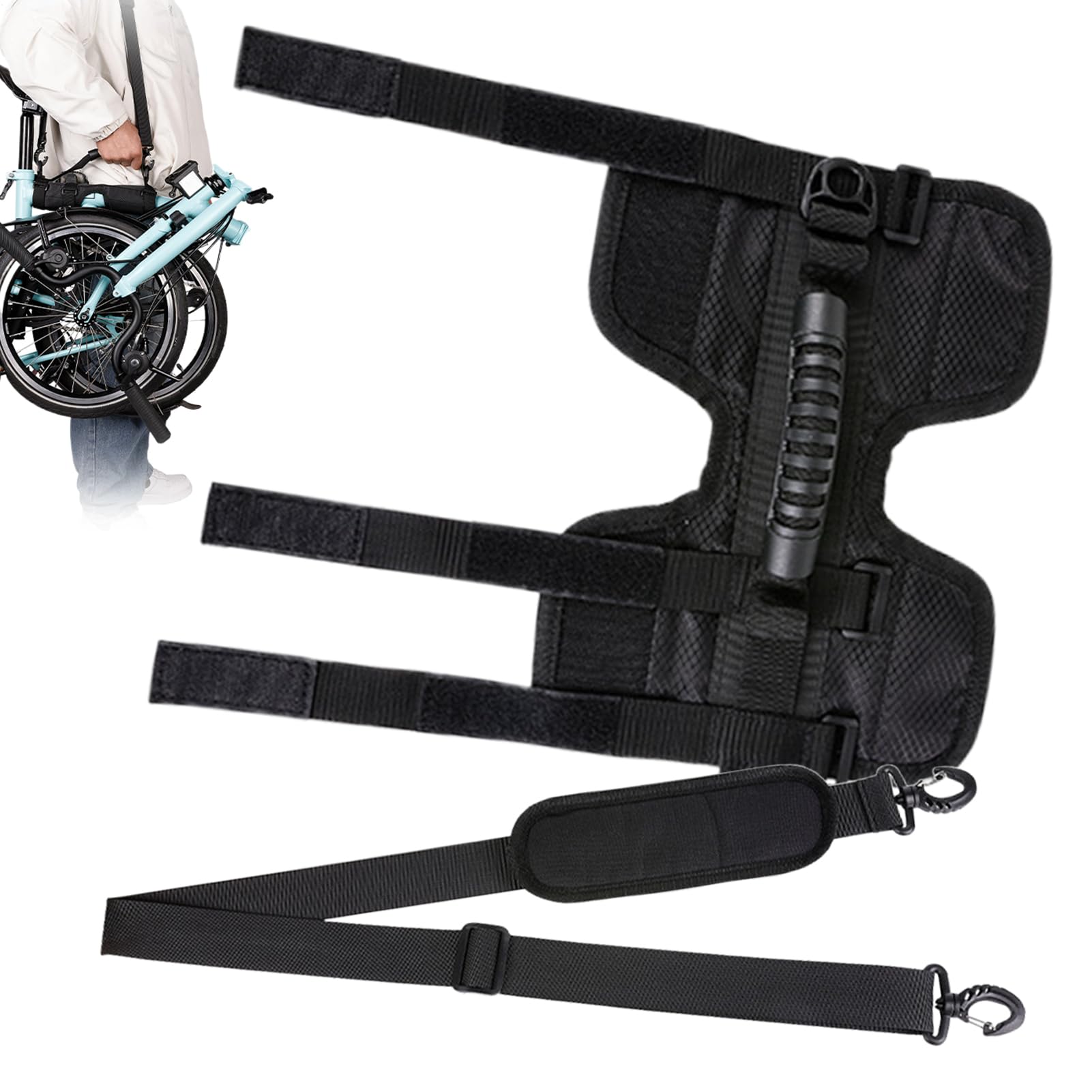 Folding Bicycle Carry Strap With Quick-Connect Buckles, Lightweight & Heavy-Duty Nylon Webbing, Hands-Free Shoulder Carry Option, Accessory For Transporting Bike/Scooter On Trains, Buses
