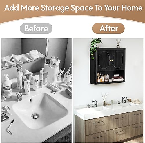 Miniatura 6 de Armario de almacenamiento de pared para baño, botiquín acanalado con puertas, armario montado en la pared con estante ajustable, armarios de