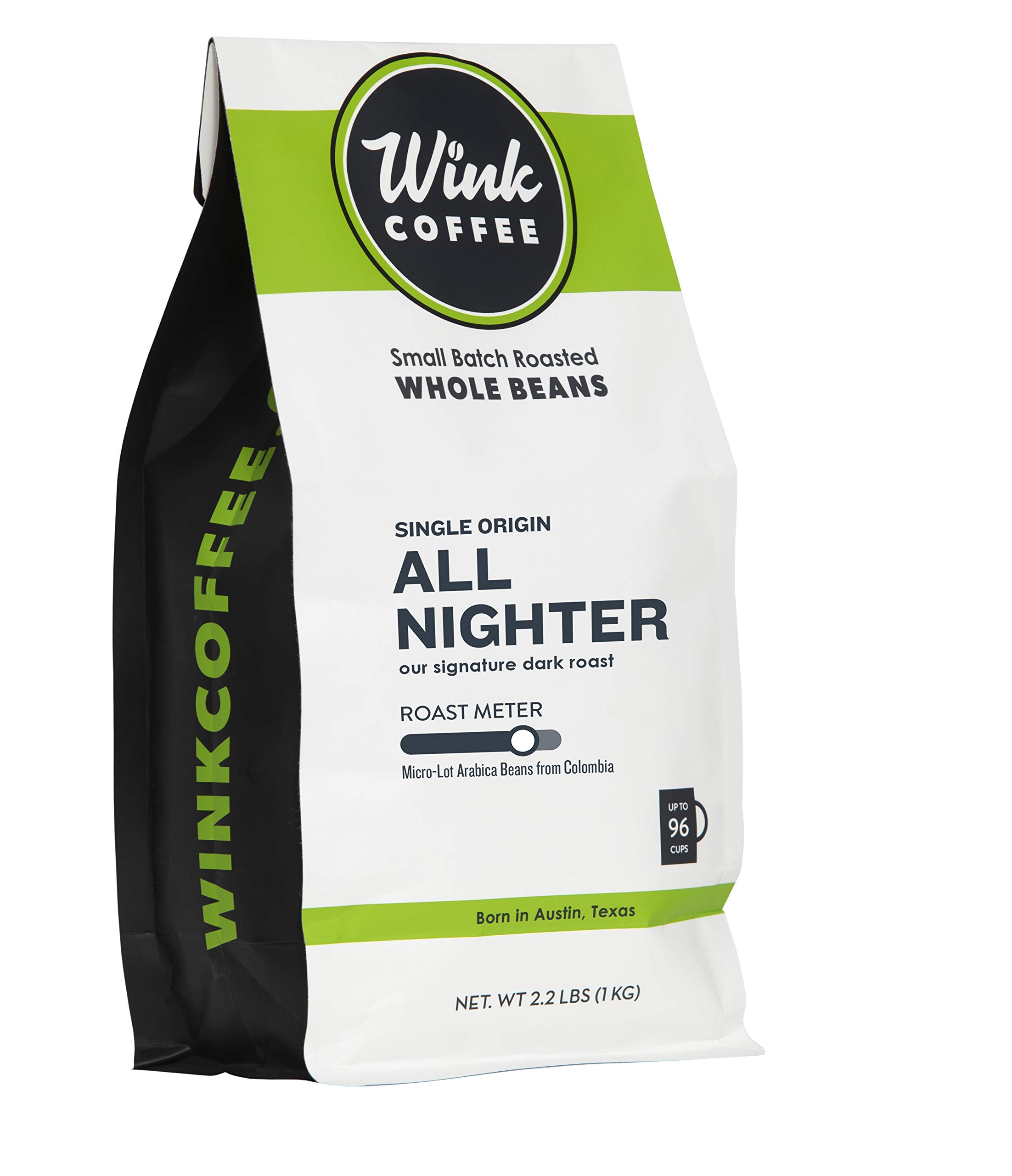Wink Coffee All Nighter Dark Roast Whole Bean Coffee, Large 2.2 Pound Bag, 100% Arabica Coffee Beans, Single Origin Colombian, Rich, Smooth, Full Bodied and Complex, Sustainable