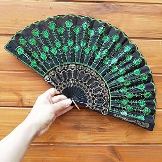 Folding Hand Held Fans,Ladies Handheld Folding Fan Vintage Green Peacock Feather Sequins Embroidery Silk-Like Fabric Handheld Fans Hollow Plastic Bones Fans for Summer Party Wedding Dancing