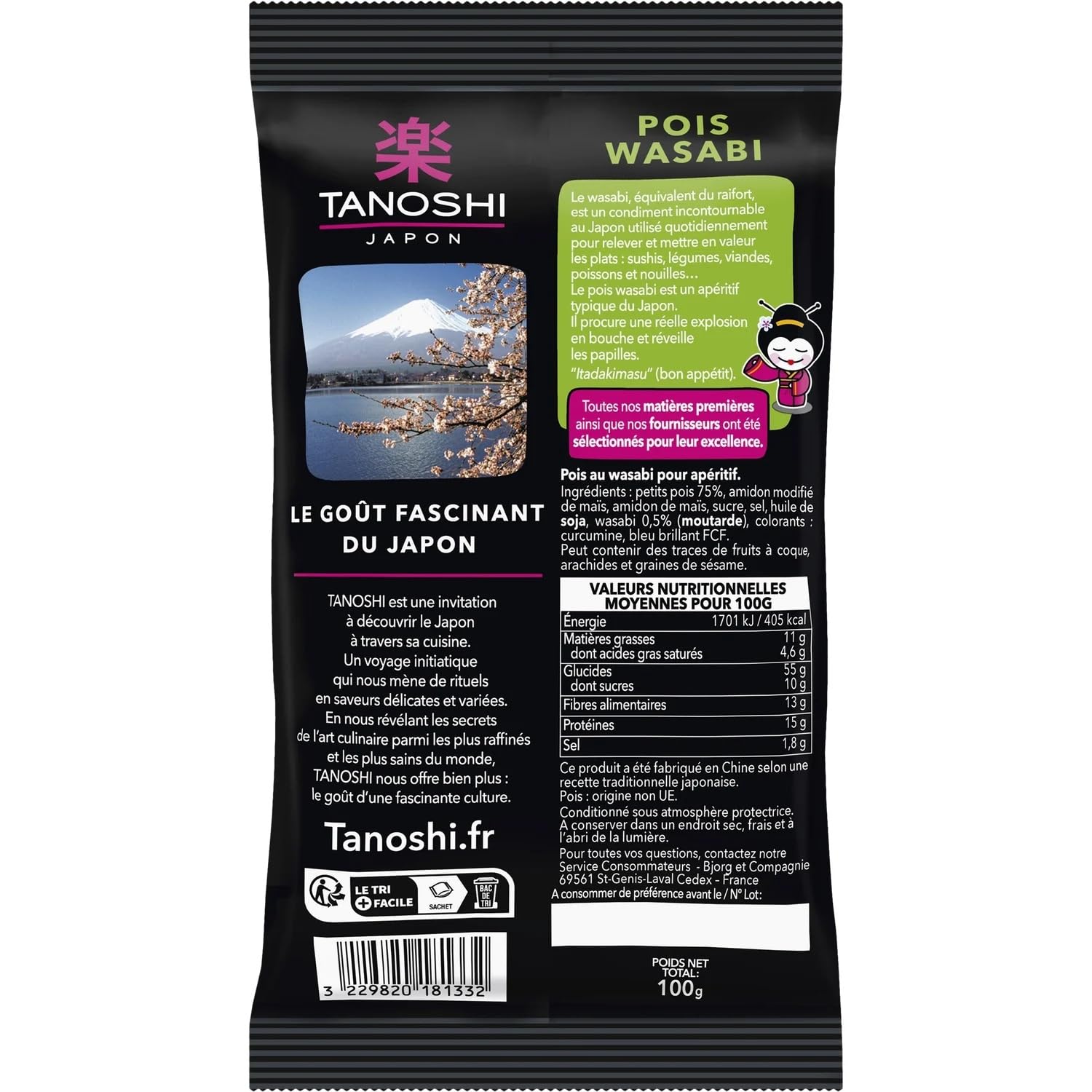 TANOSHI - Biscuits Apéritif Pois Wasabi - Intensité Médium · Saveur Japonaise · Craquante et Légère · Spécialiste Asiatique - Le sachet de 100g - Le Lot De 4