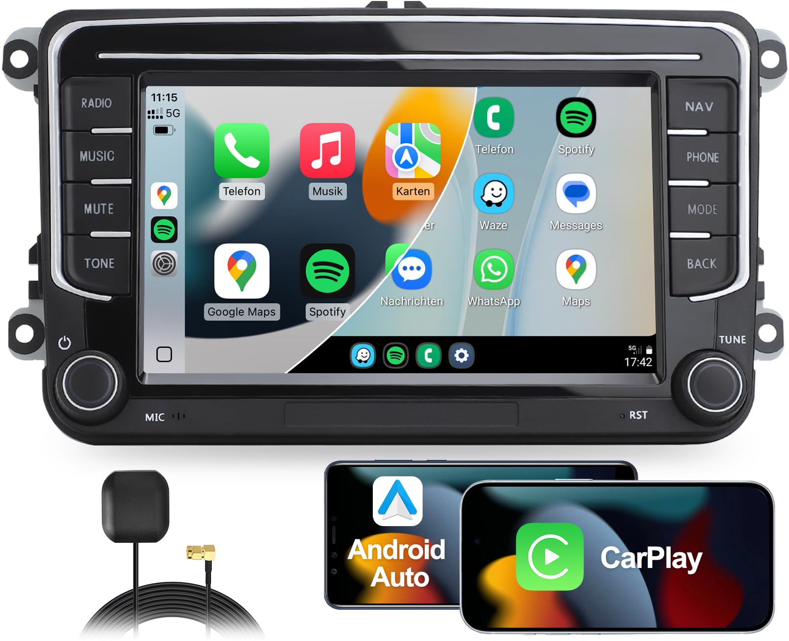 2 DIN Autoradio für VW Golf 5 6 Passat Seat Touran Skoda, Wireless CarPlay & Android Auto, GPS Navi, DAB+, Lenkradsteuerung, Physischer Lautstärkeregler, EQ, MirrorLink