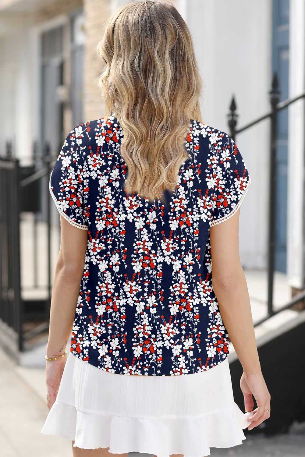 Dokotoo Womens Summer Tops for Women 2024 Trendy Boho Floral Ptint Short Sleeve Button Front V Neck Henley Tshirts Elegant Dressy Business Casual Outfits Loose Chiffon Bohemian Blouses Blue XX-Large - Image 5