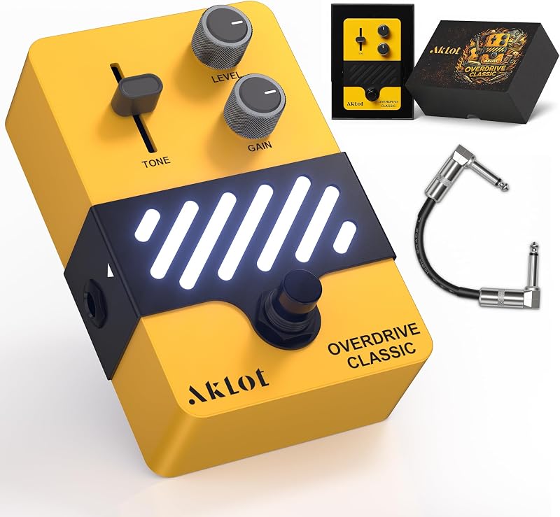 Pedal de guitarra eléctrica AKLOT Overdrive: Warm Bluesy Crunch to Classic Rock Drive, accionamiento dinámico sensible al tacto, controles de ganancia y tono, mini pedal de efectos de guitarra True Bypass, NEON GoldRush