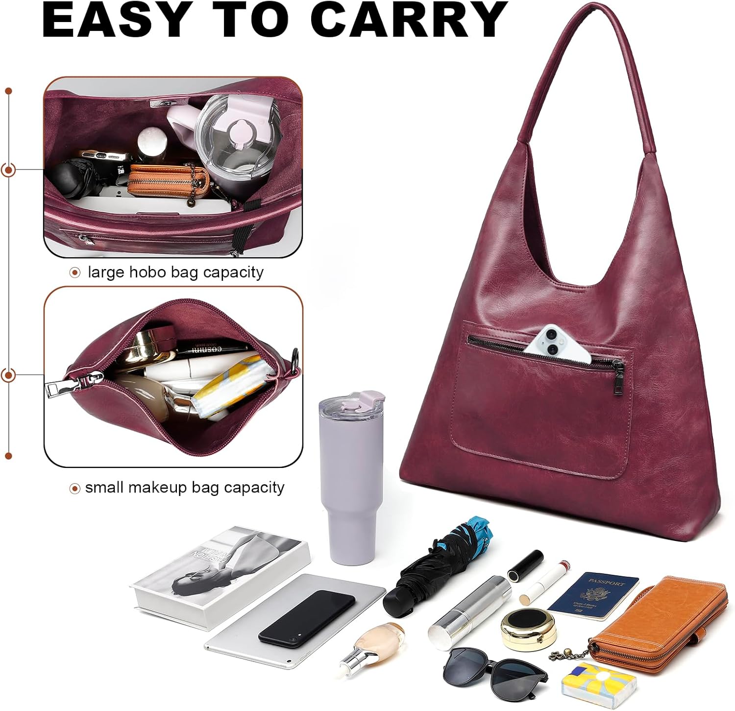 Hobo Bags for Women Retro Vegan Leather Slouchy Tote Shoulder Purses Handbag with A Small Purse - Image 4