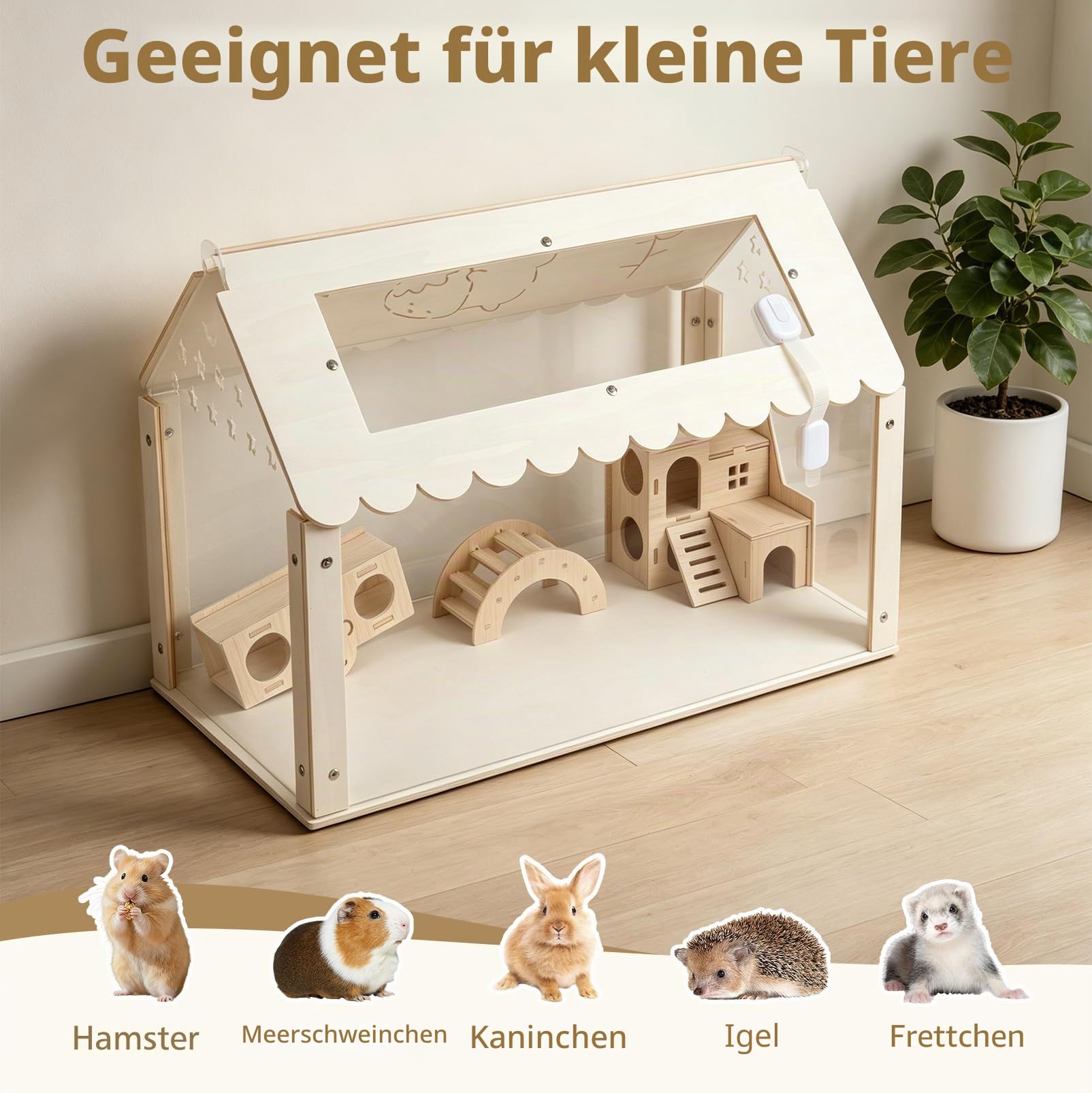 Hamsterkäfig, transparenter Hamsterlebensraum, Kleintierkäfig, 60x40x40cm | Holz Hamsterkäfig mit Versteck im Villenstil, Kleintierlebensräume Groß Stapelbar für syrische Hamster, Nager, Mäuse