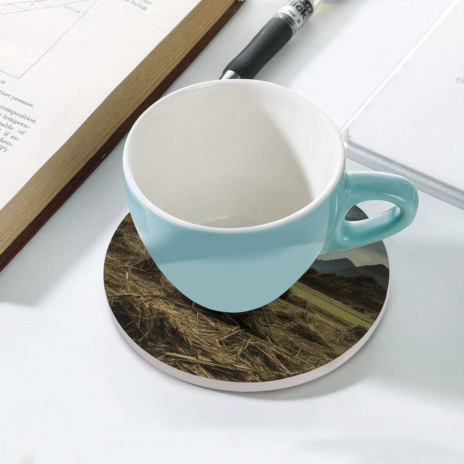 Pile of Hay Coasters Round Coasters Set Ceramic Stone Coaster with Cork Base Coffee Cup Beverage Cup Mat Cute Funny Table Drinks Coaster for Mugs and Cups Office Kitchen