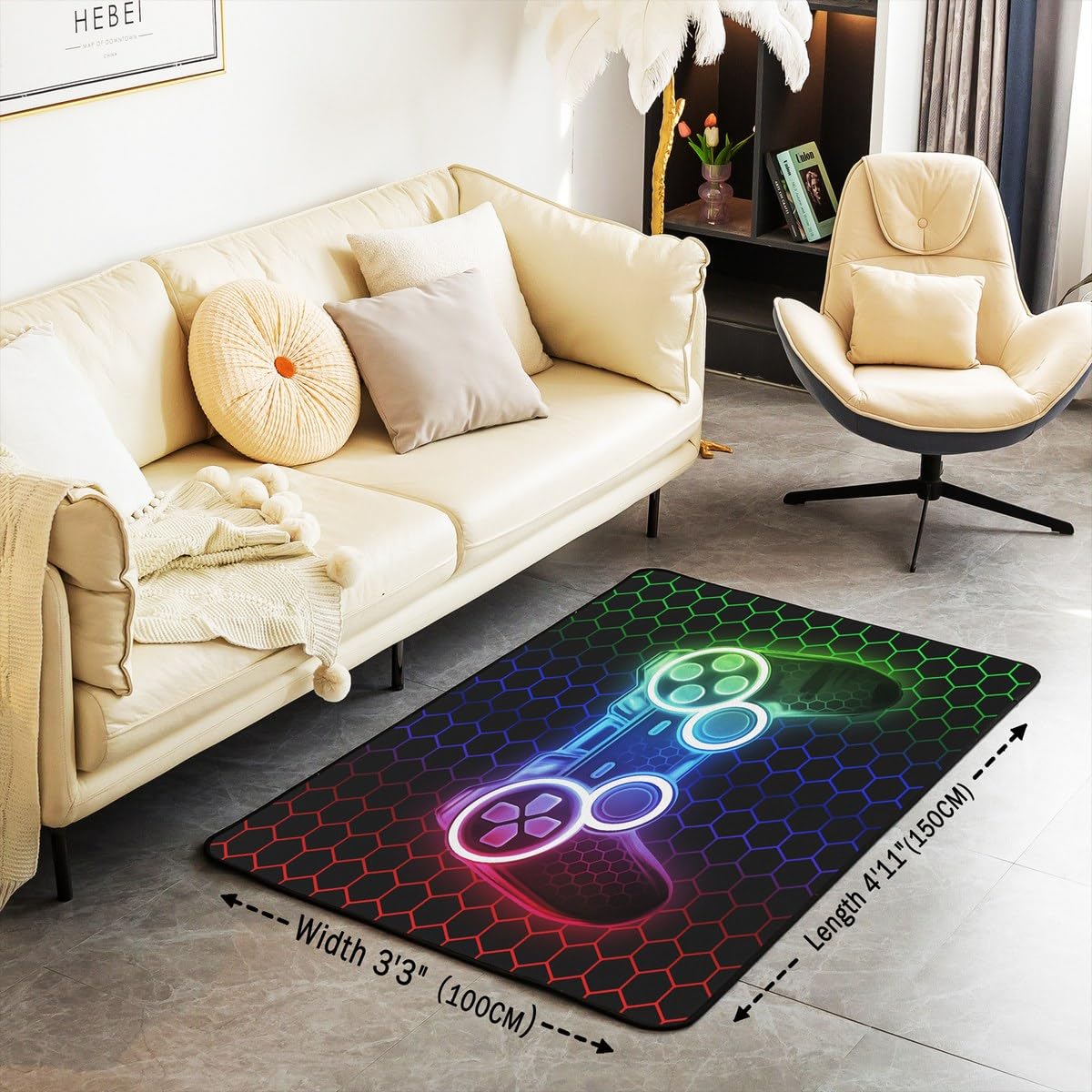 Loussiesd Dywan dla graczy dla dzieci 150 x 200 cm o strukturze plastra miodu dywan do salonu chłopcy dziewczęta gamepad dekoracyjny dywan konsola do gier kontroler nastolatki wewnętrzna mata