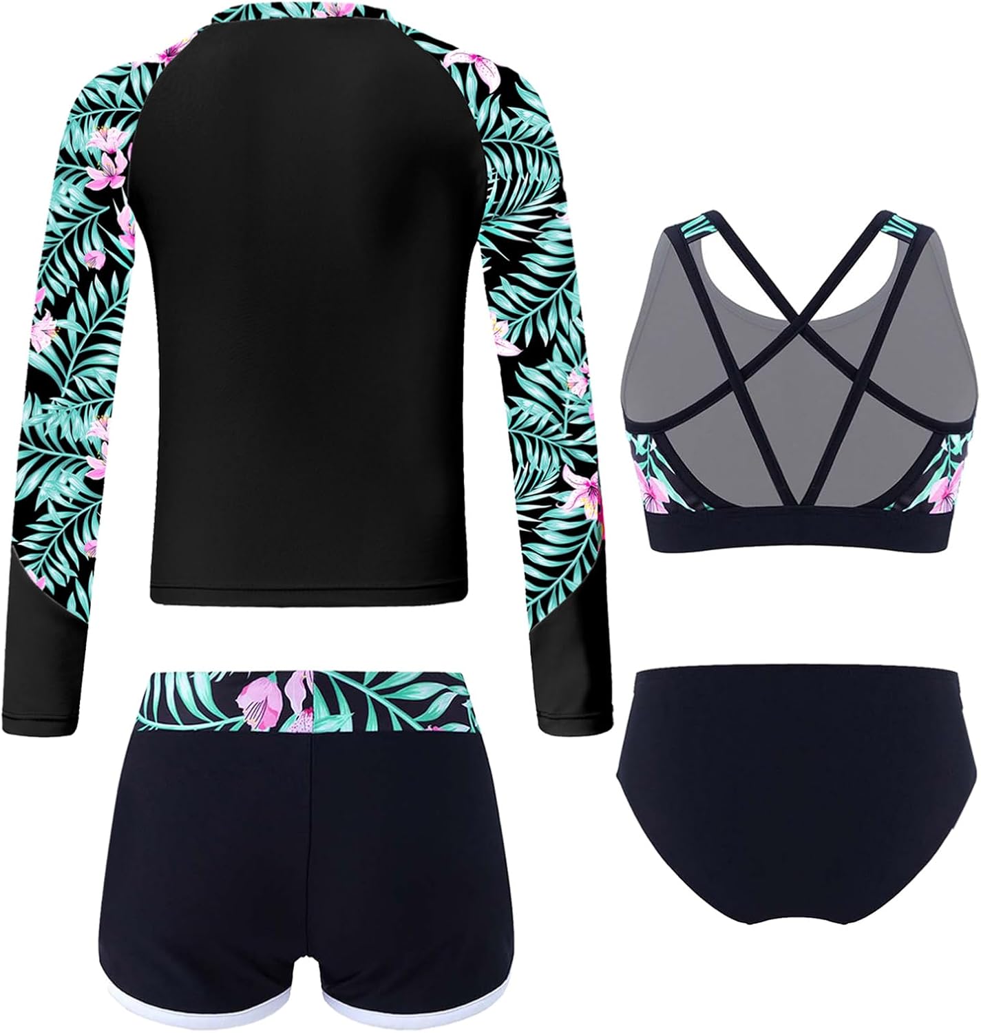 iiniim Girls Kids 4 Pieces Long Sleeve Bathing Suit UPF 50+ Rash Guard Swim Sets Sport Swimsuits