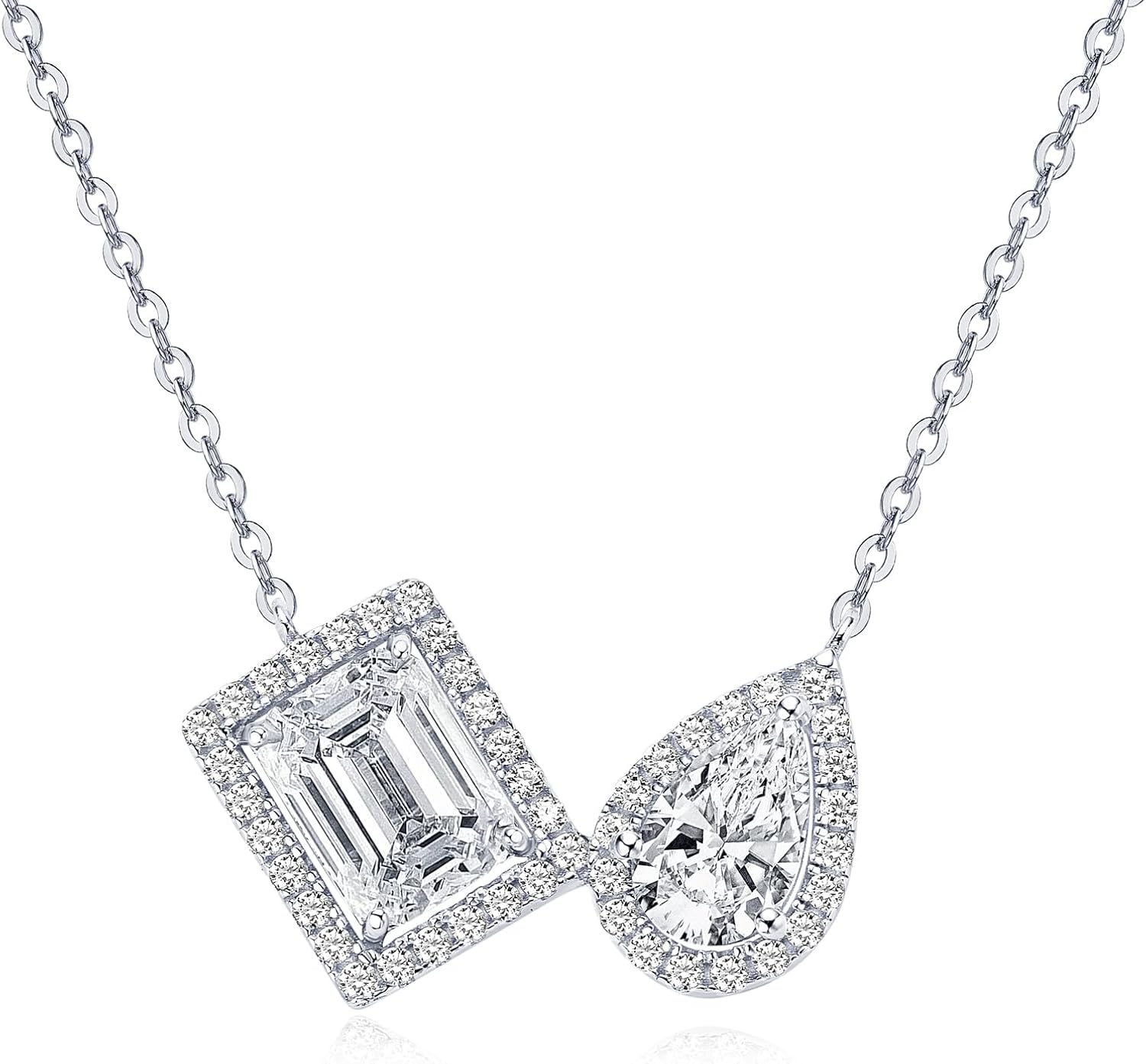 Emeralds and Pear Cut Moissanite Pendant Necklace, 3.34cttw D Color Lab Created Moissanite, 925 Sterling Silver Dainty Pendant for Women Wife Birthday Gifts