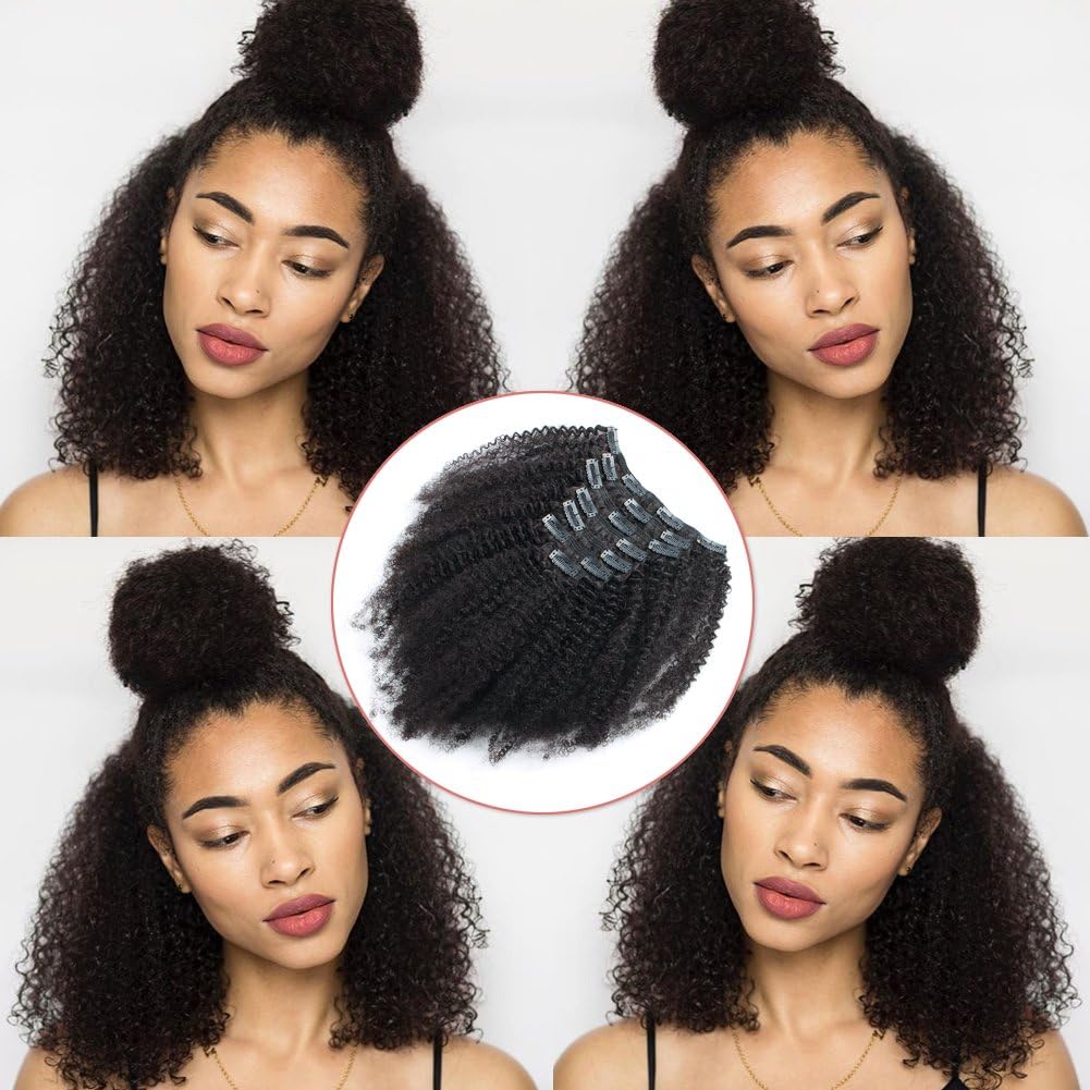Lovrio Afro Kinky Curly Clip in Hair Extensions for Black Women Brazilian Double Weft Virgin Human Hair 7 Pieces 120g with 17 Clips 14 inch
