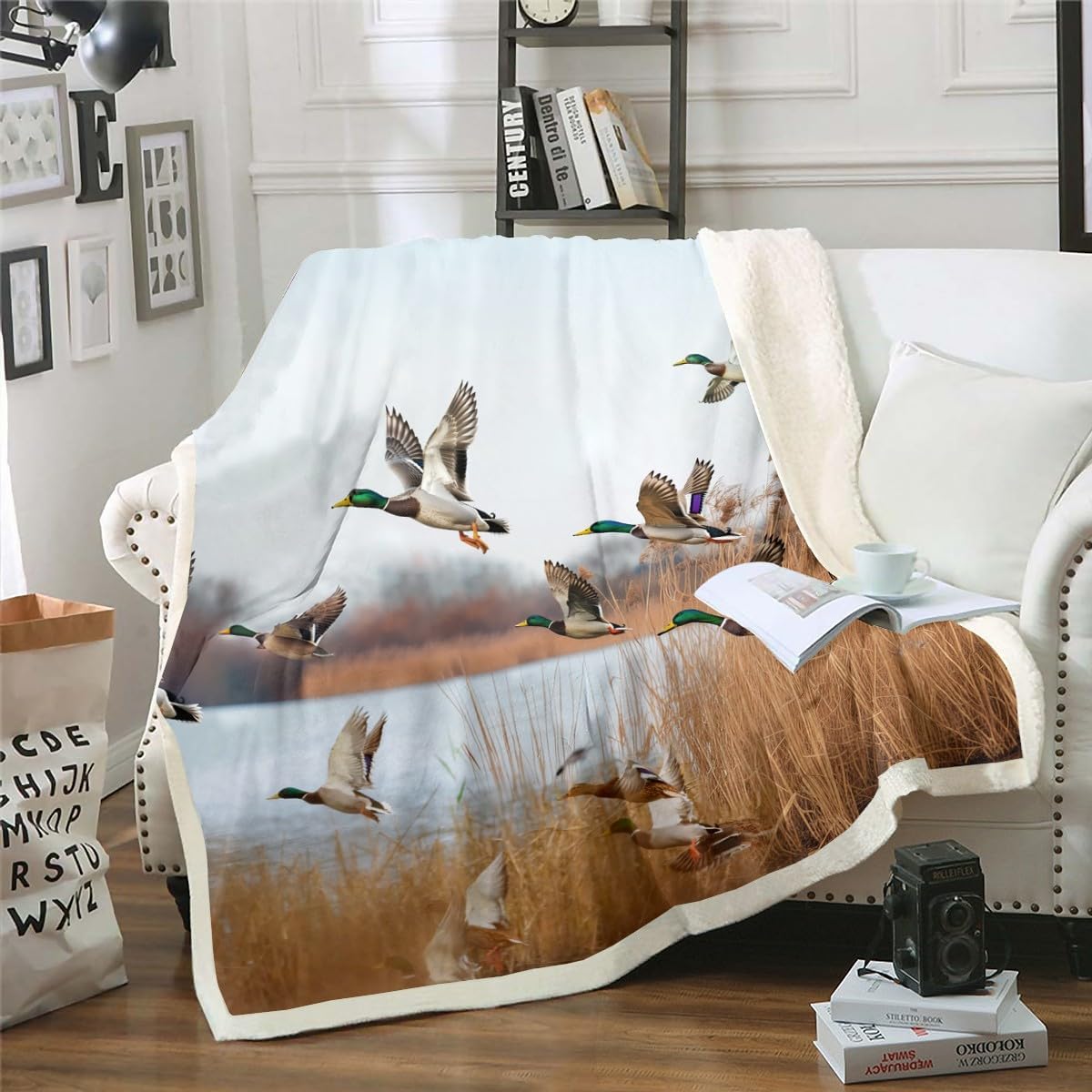 Erosebridal Mallard Duck Blanket Queen Size,Duck Hunting Themed Fleece Blanket for Kids Teens Adults,Rustic Natural Lake Scenery Throw Blanket for Bed Sofa