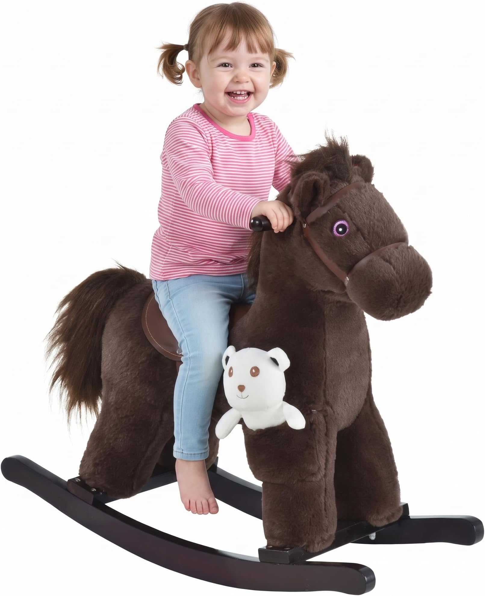 Qaba Kids Rocking Horse with Bear Toy Fun Realistic Sounds Toddler Brown