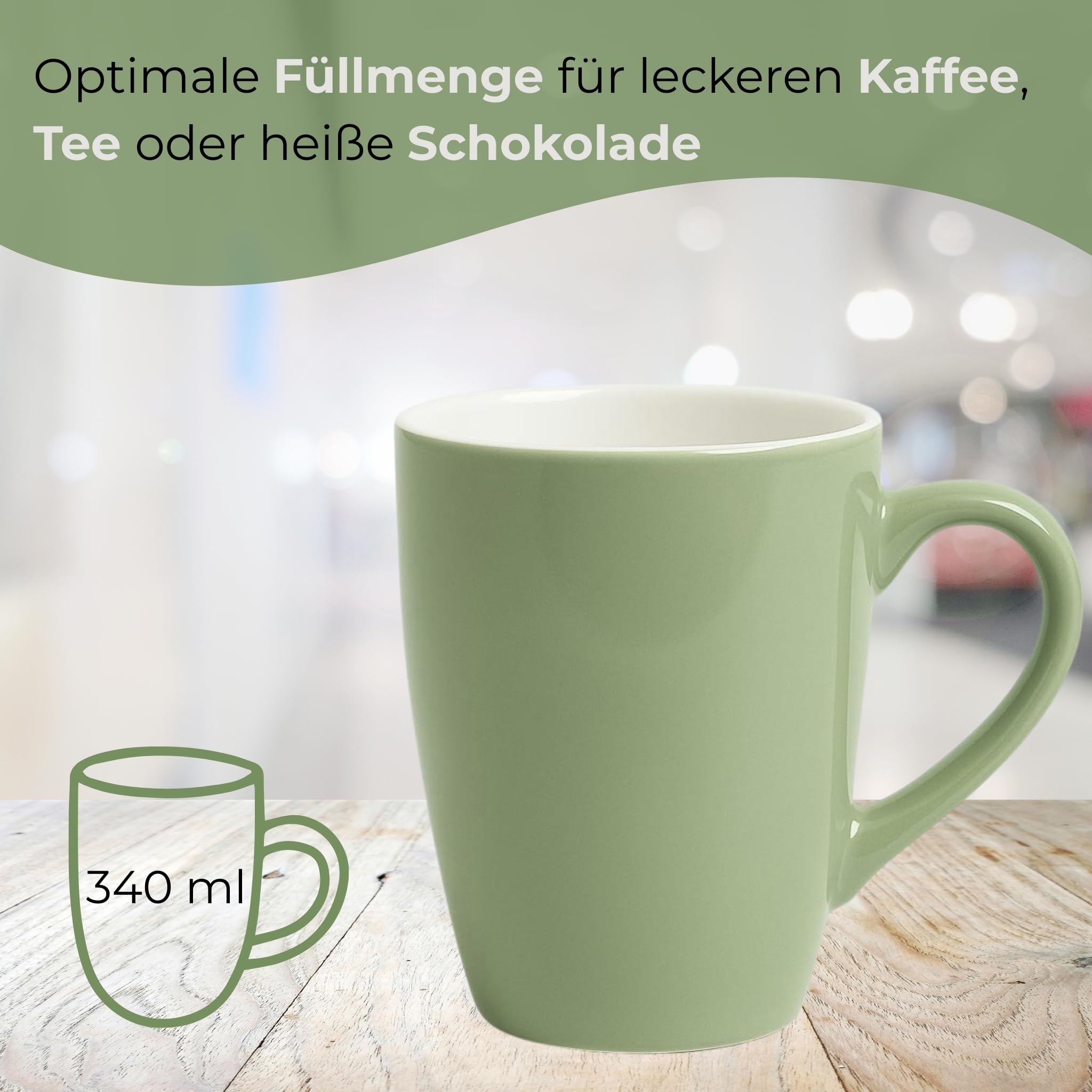 matches21 HOME & HOBBY Set di 6 tazze da caffè in ceramica da 340ml - Tazze da tè per 6 persone in salvia, bicchieri da caffè lavabili in lavastoviglie