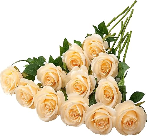 Helera 12 flores artificiales de rosa rosas falsas rosas de seda champán con tallos largos para bodas hogar fiestas centros de mesa de decoración