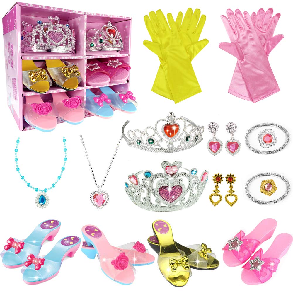 WTOR Girls Toys Princess Dress up Shoes Pretend Role Play Set Jewelry Boutique Plastic Accessory with 4 Shoes Gloves Bracelets Earrings Crowns for Kids Aged 3 4 5 6 7 8 Birthday Party Gift