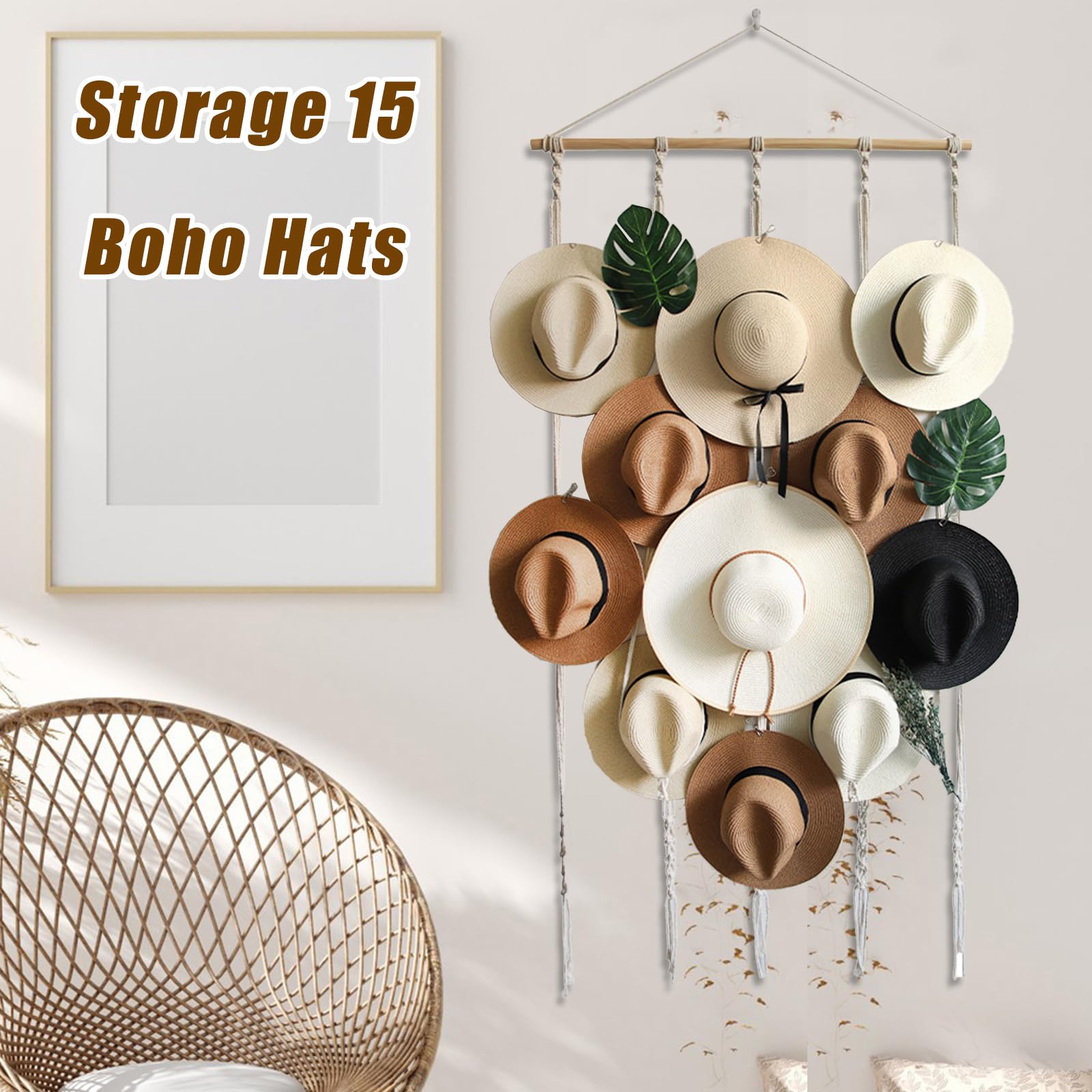 JOJOCY Porta cappelli da parete, organizer per cappelli con 12 clip, porta cappelli stile boho, decorazione per cappelli Fedora, da cowboy, a tesa larga, 155 x 80 cm