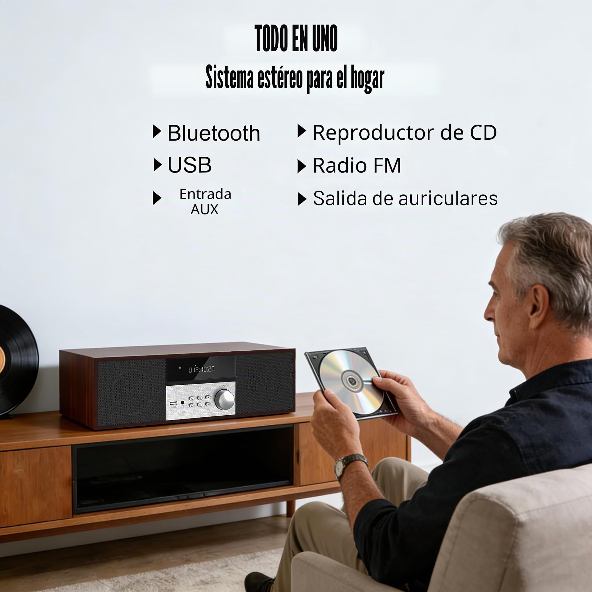 Microcadena Estéreo HiFi Compacto 40W con Reproductor de CD, Bluetooth, Radio FM, USB, Entrada Auxiliar, Pantalla LED Grande y botón, Mando a Distancia