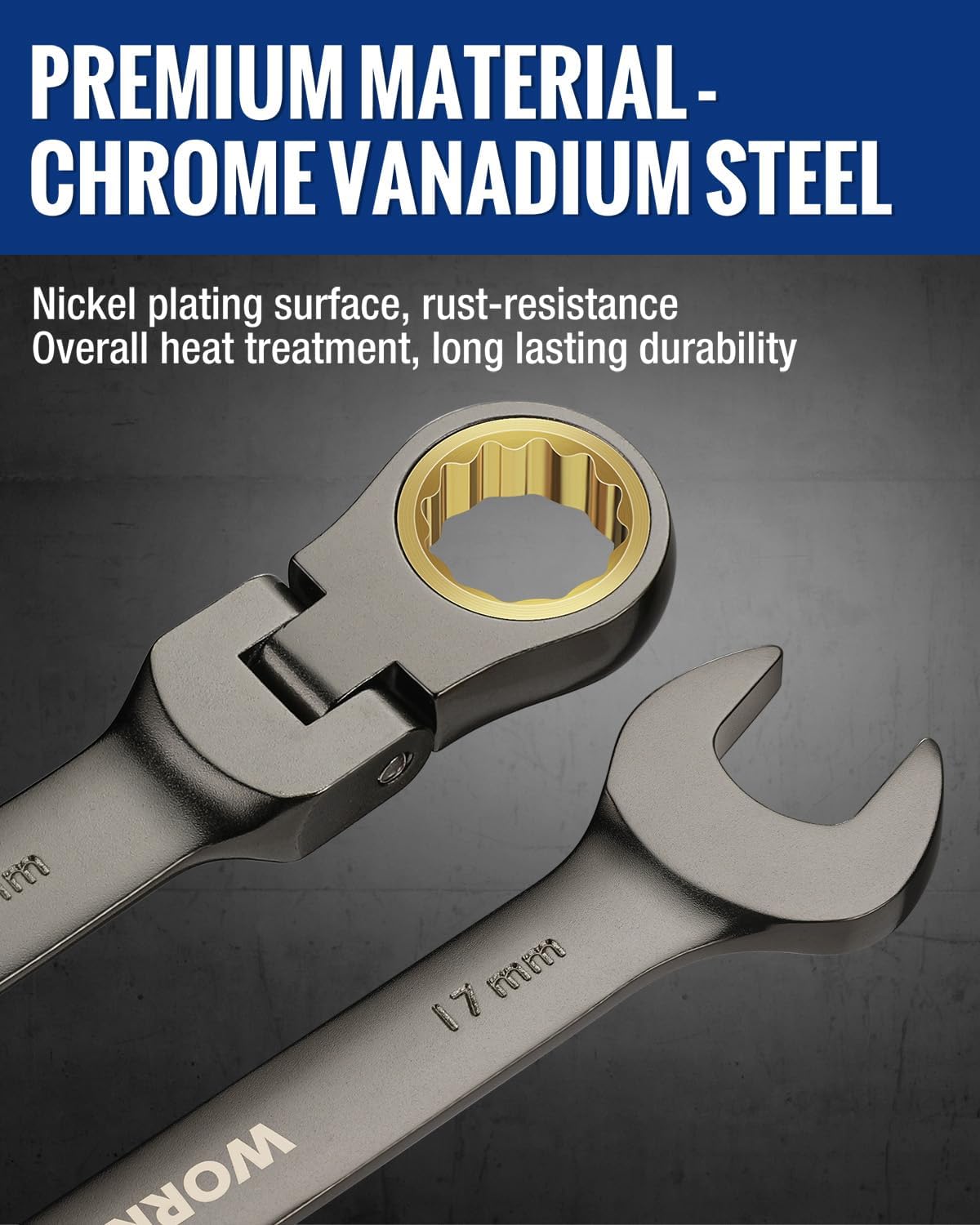 WORKPRO 8-piece Flex-Head Ratcheting Combination Wrench Set, Metric 9-17 mm, 72-Teeth, Cr-V Constructed, Nickel Plating with Organization Bag