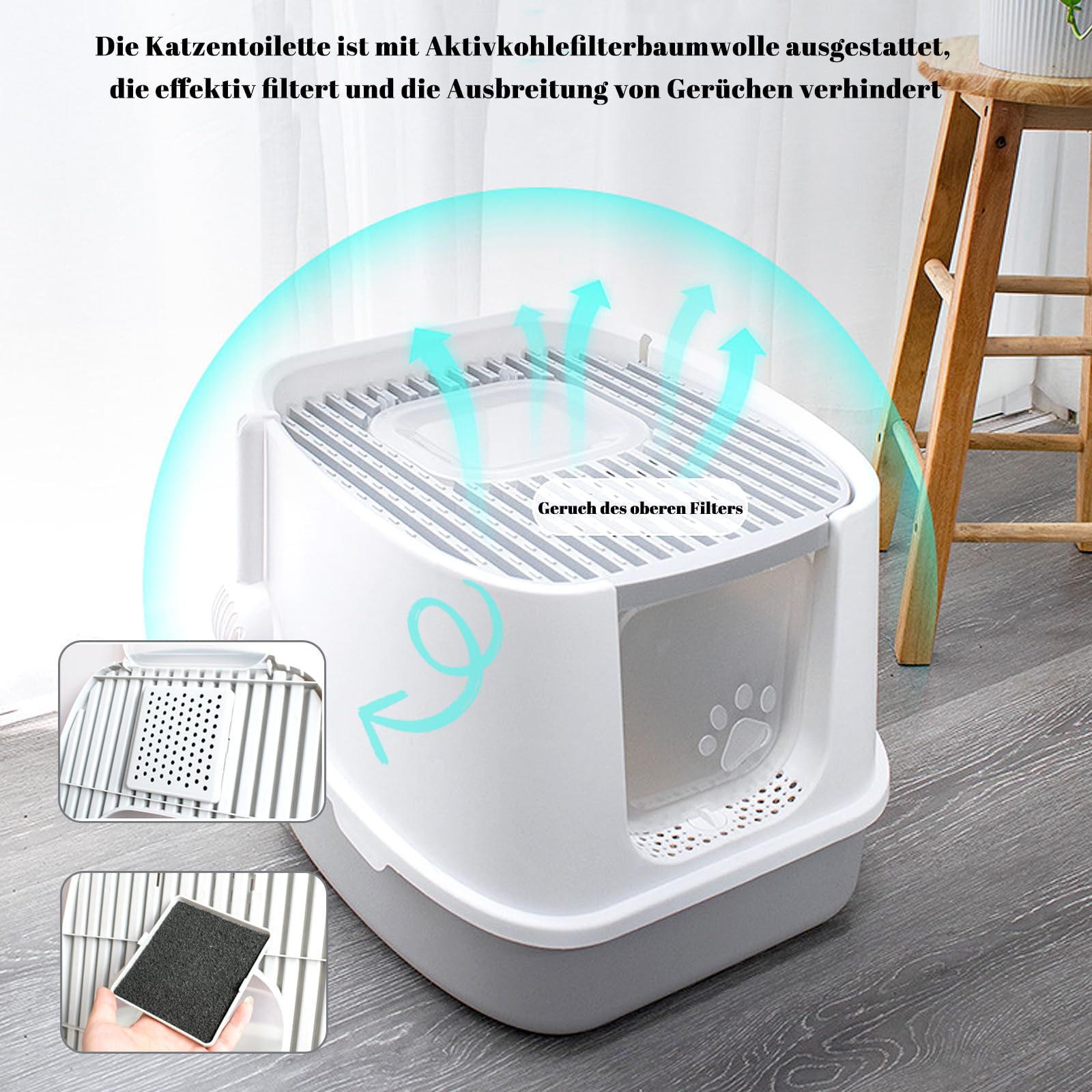 CALIYO Katzenklo mit Deckel - Anti-Geruch Katzenklo Geschlossen mit Hoher Rand, Katzentoilette mit Sieb & Matte für Große Katzen bis 7.5kg, Cat Litter Box (Grau-Weiß, 51×45×40 cm)