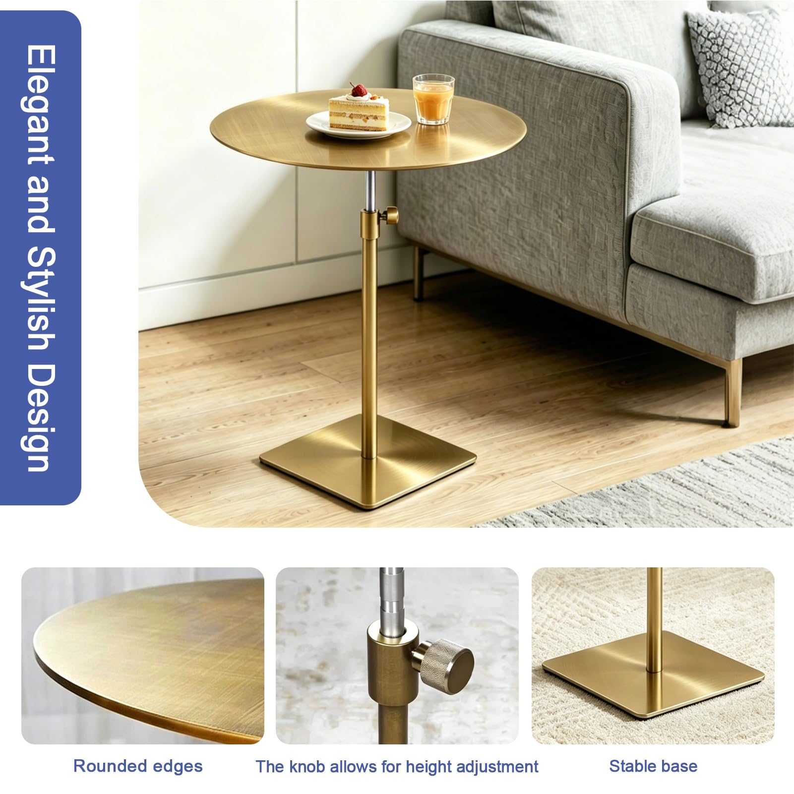 Mesa auxiliar de acero inoxidable dorada, mesa auxiliar redonda de cóctel para sala de estar, dormitorio, patio al aire libre, muebles de cafetería y restaurante, escritorio versátil para laptop