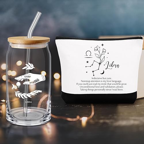 Miniatura 4 de Sliner Juego de 2 signos del zodiaco celestial de 16 onzas, regalo de cumpleaños para mujeres, vaso de vidrio con tapas, pajitas, horóscopo, letrero