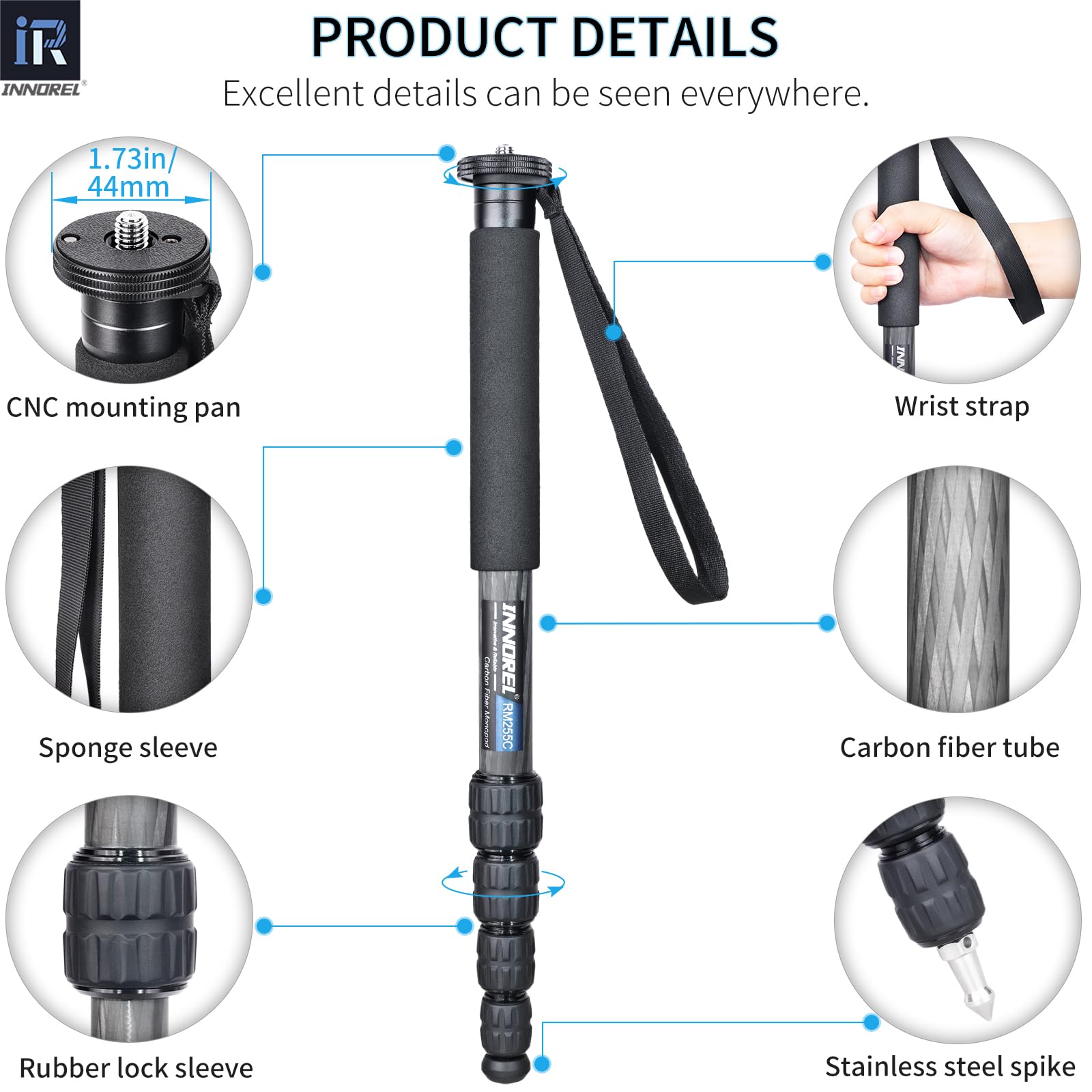 INNOREL RM255C Monopod z włókna węglowego Kompaktowy i lekki 5-sekcyjny monopod podróżny do Canon Nikon Sony DSLR Kamera DV Fotografia Wsparcie ładowania 7kg