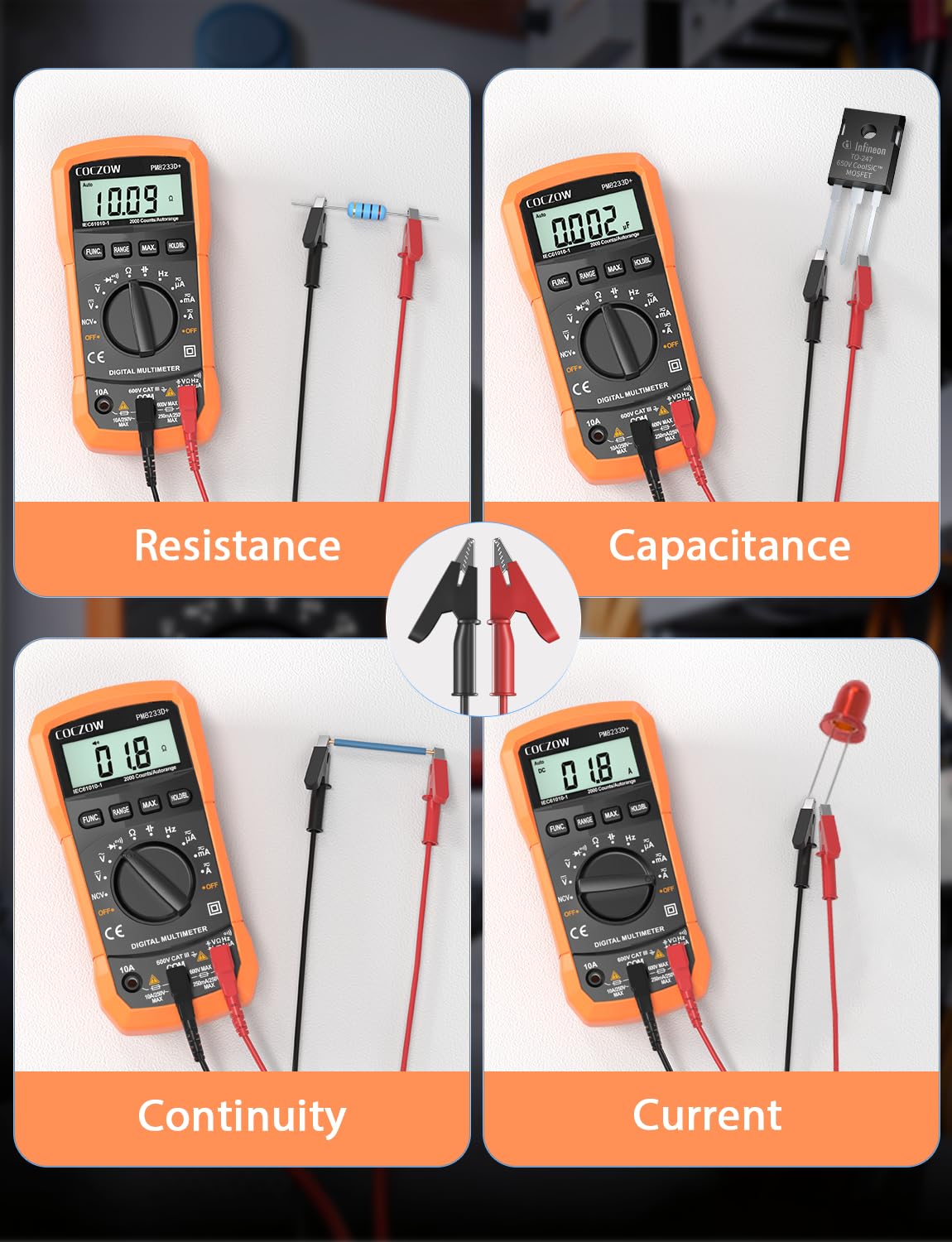 Multimetro Digitale Multi Tester Voltmetro Amperometro Ohmmetro Misura Tensione Corrente Resistenza Capacità Continuità Diodo NCV con Morsetti a Coccodrillo Cavi di prova Retroilluminazione