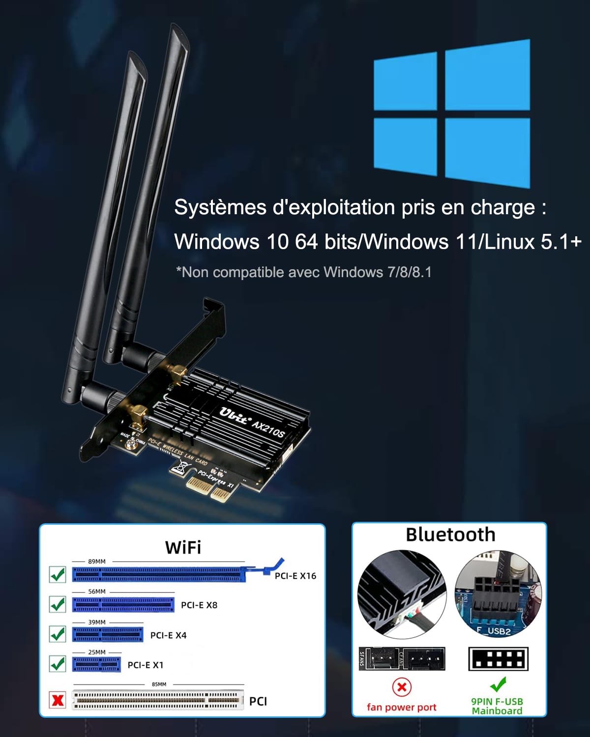 Carte WiFi PCIe AXE5400 Intel AX210 Tri-Bandes WLAN 6E avec Bluetooth 5.3 (6GHz/5GHz/2.4GHz) Carte réseau sans Fil Carte WiFi pour PC Windows 10/11