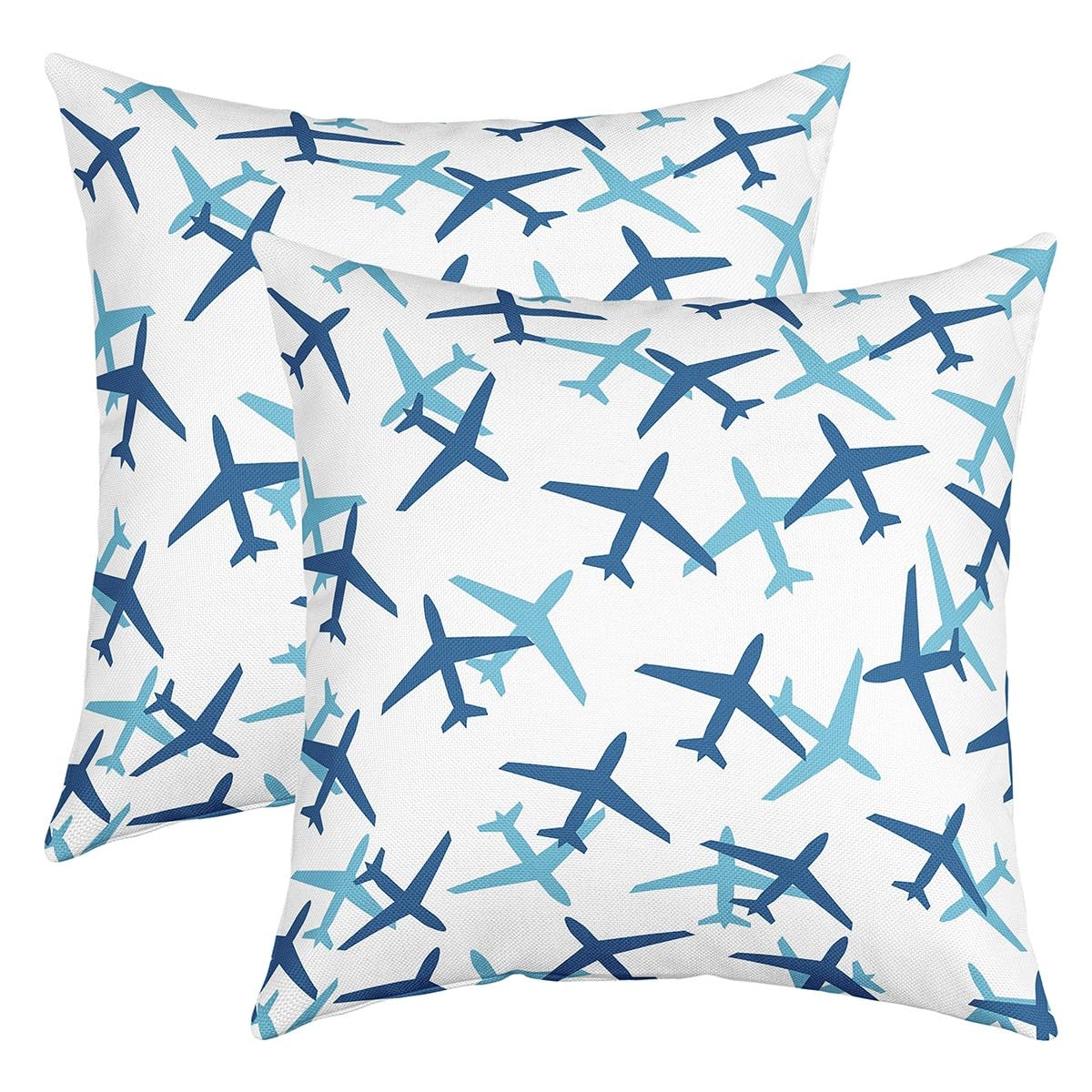 Kids Aircraft Decorative Square Throw Pillow Cover Cartoon Transportation Vehicles Pillow Cover for Living Room RV Boys Airplane Blue White Party Cushion Case 18x18 Set of 2