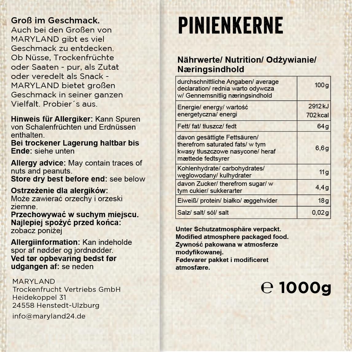 Maryland Pinienkerne 1000g Vorratspackung 4er Pack – Pinienkerne naturbelassen, vegan, frei von künstlichen Aromen, ohne Zusatzstoffe – Im Großbeutel genießen (4 x 1000g)