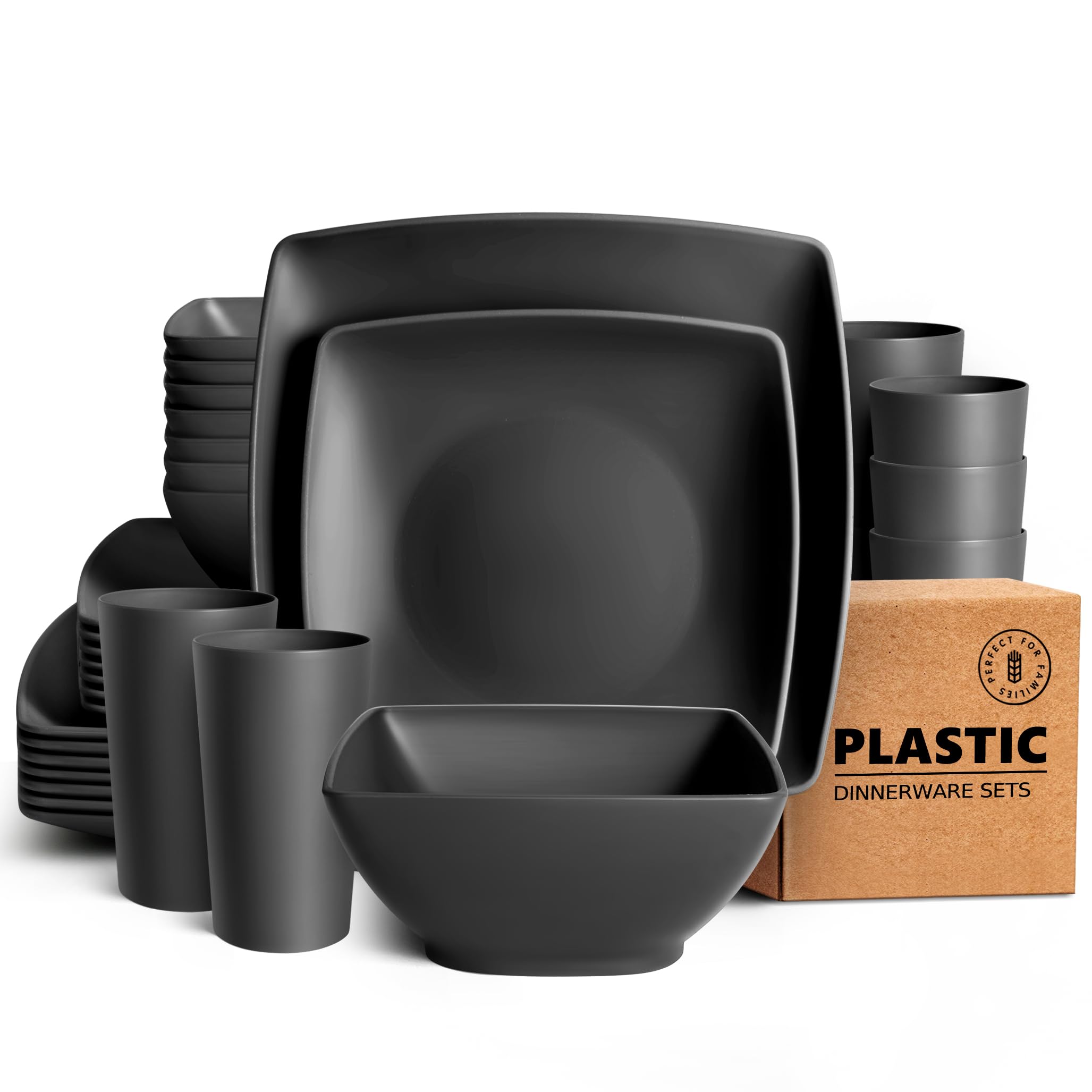 Teivio 32-Piece Kitchen Plastic Square Dinner Set, Service for 8, Dinner Plates, Dessert Plates, Cereal Bowls, 20 oz Cups, Unbreakable Plastic Plates and Bowls Set, Outdoor Camping Dishes, Black