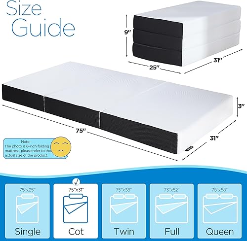 Miniatura 3 de Colchón plegable, colchón triple de espuma viscoelástica de 3 pulgadas, colchón plegable de tamaño cuna con funda de tela transpirable y lavable,