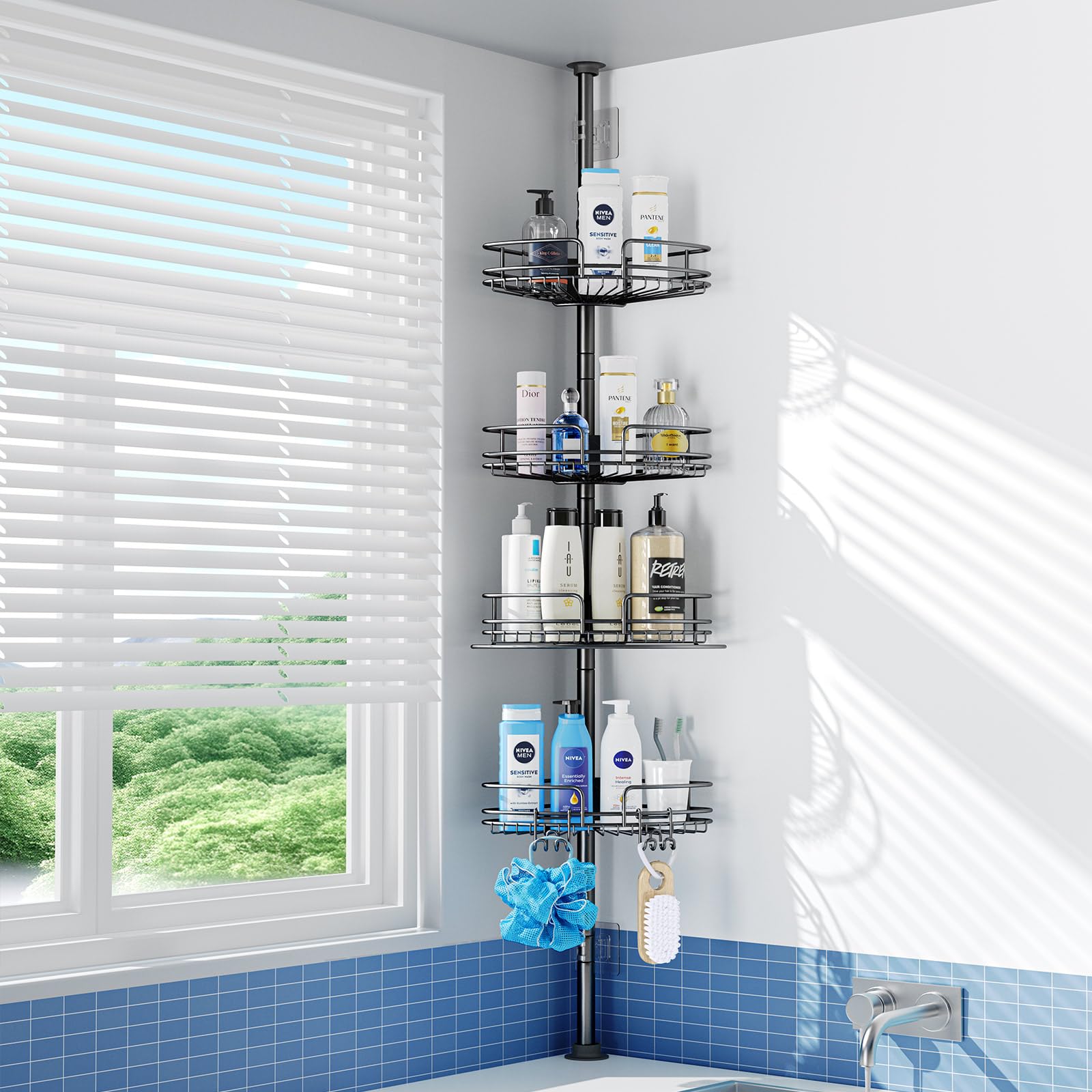 Pkbd Black 4-Tier Rustproof Telescopic Corner Shower Caddy, Height Adjustable No Drilling Bathroom Storage Accessory Shelf Organiser From 58.5 To 317.5 Cm, With 4 Large Capacity Adjustable Baskets,