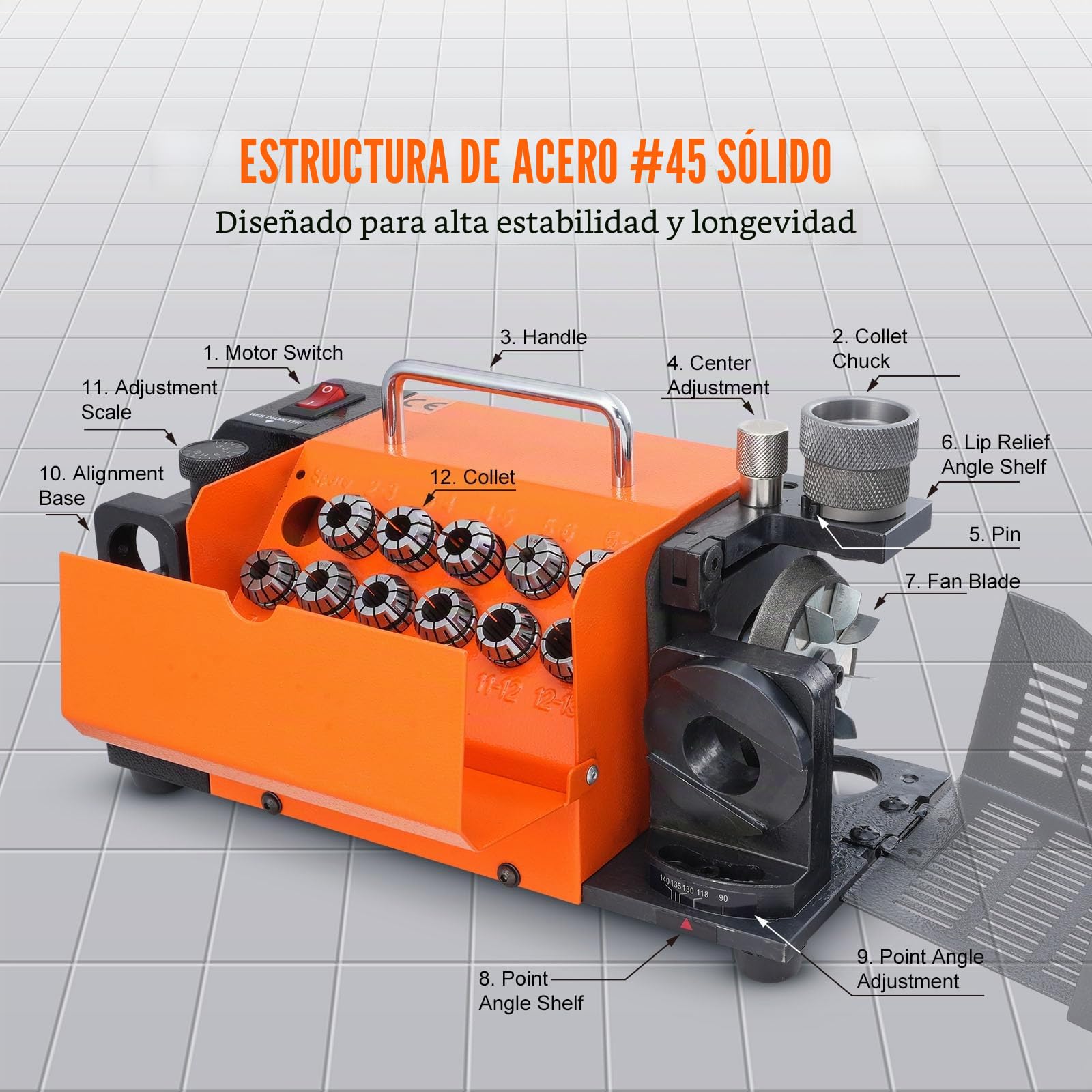 VEVOR Afilador de Brocas MR-13A Afilador de Fresas 3-13 mm Ángulo de Punta Ajustable de 95° a 135° Afilador Portátil 120 W 4500 rpm con 11 Abrazaderas, Muela CBN y SDC, 285x135x160 mm