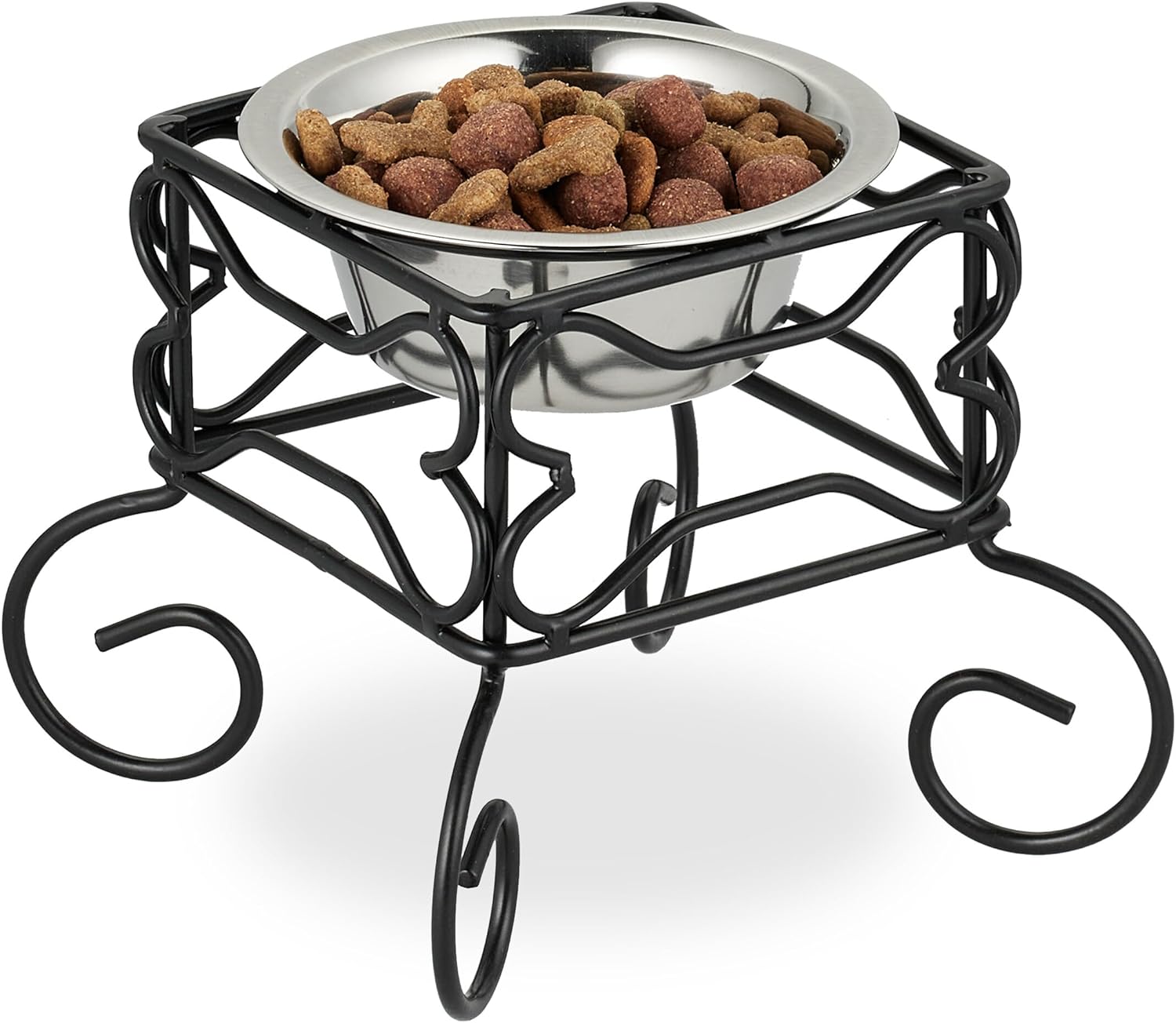 Relaxdays Ciotola per Cani Rialzata con Ciotola, 300 ml, Ferro e Acciaio Inox 15,5 x 18 x 18 cm, Nero Argento