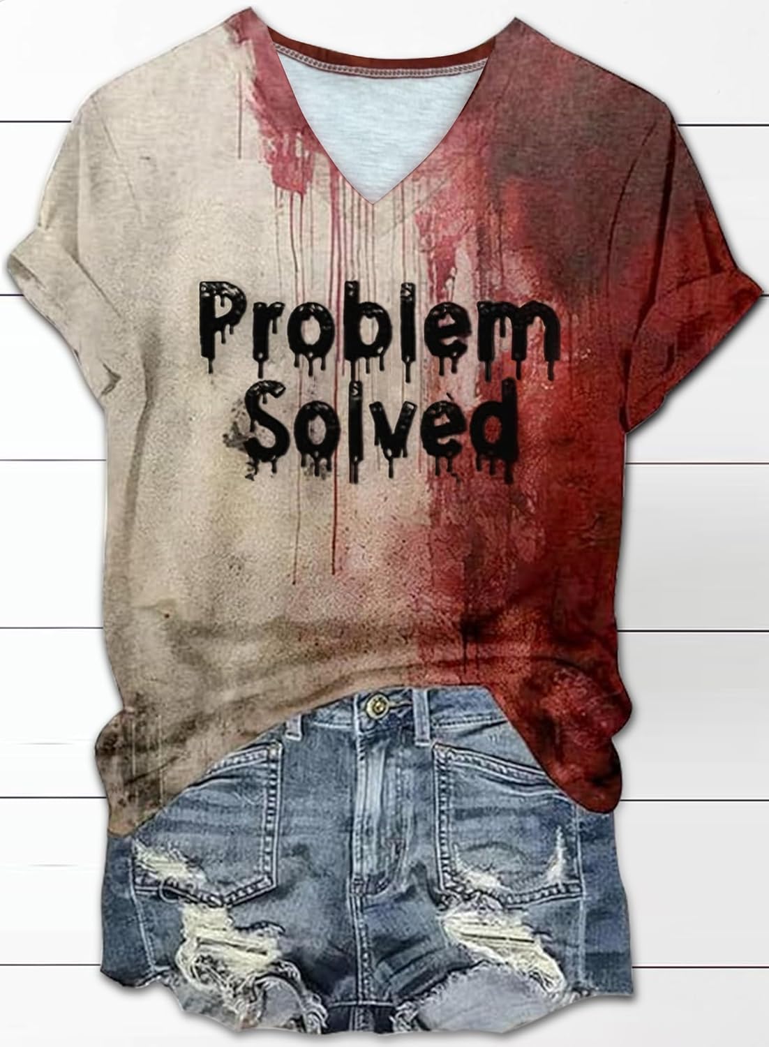 Problem Solved Bloody Halloween T Shirts for Women Funny I'm Fine Bloody T Shirts Blood Splatter Horror Graphic Tee Tops - Image 2