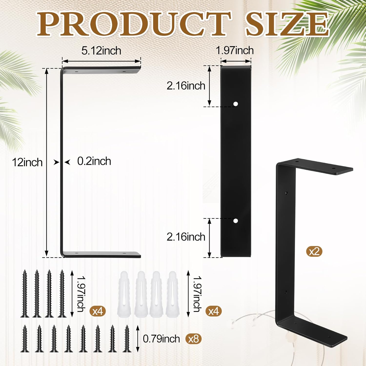 Shimeyao 2 Pack 5 Inch Heavy Duty Double Floating Shelf Brackets 1/5 Inch Thick U Shaped Shelf Bracket with Mounting Hardware Black Coated Metal Wall Industrial Modern Support