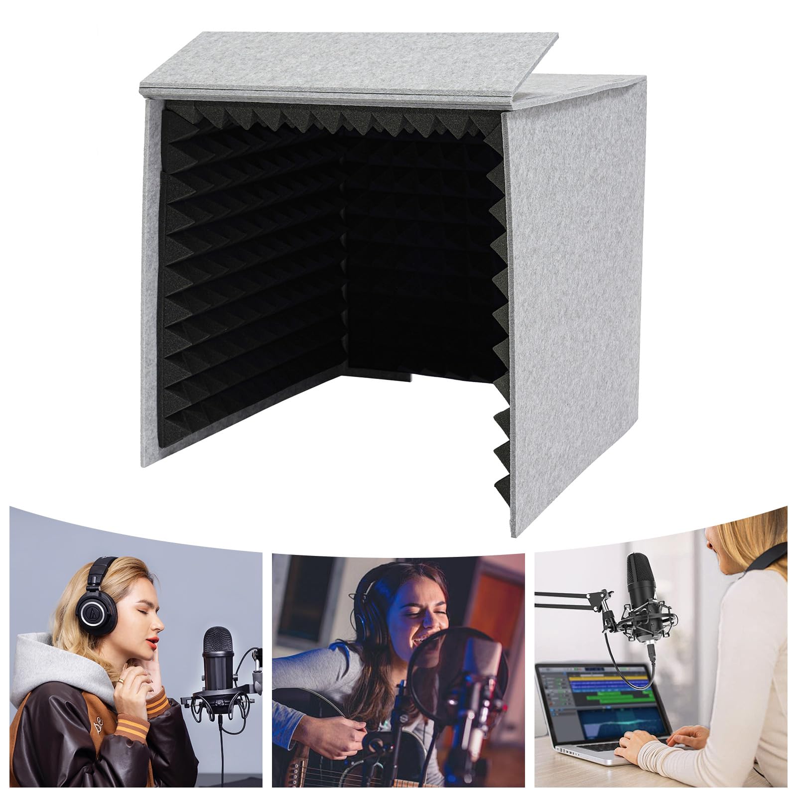 Paneles acústicos, 60 x 60 x 60 cm, placa de espuma de escritorio, cubierta insonorizada portátil, protección de absorción de sonido vocal para salas de estar, salas de juegos (gris, negro)