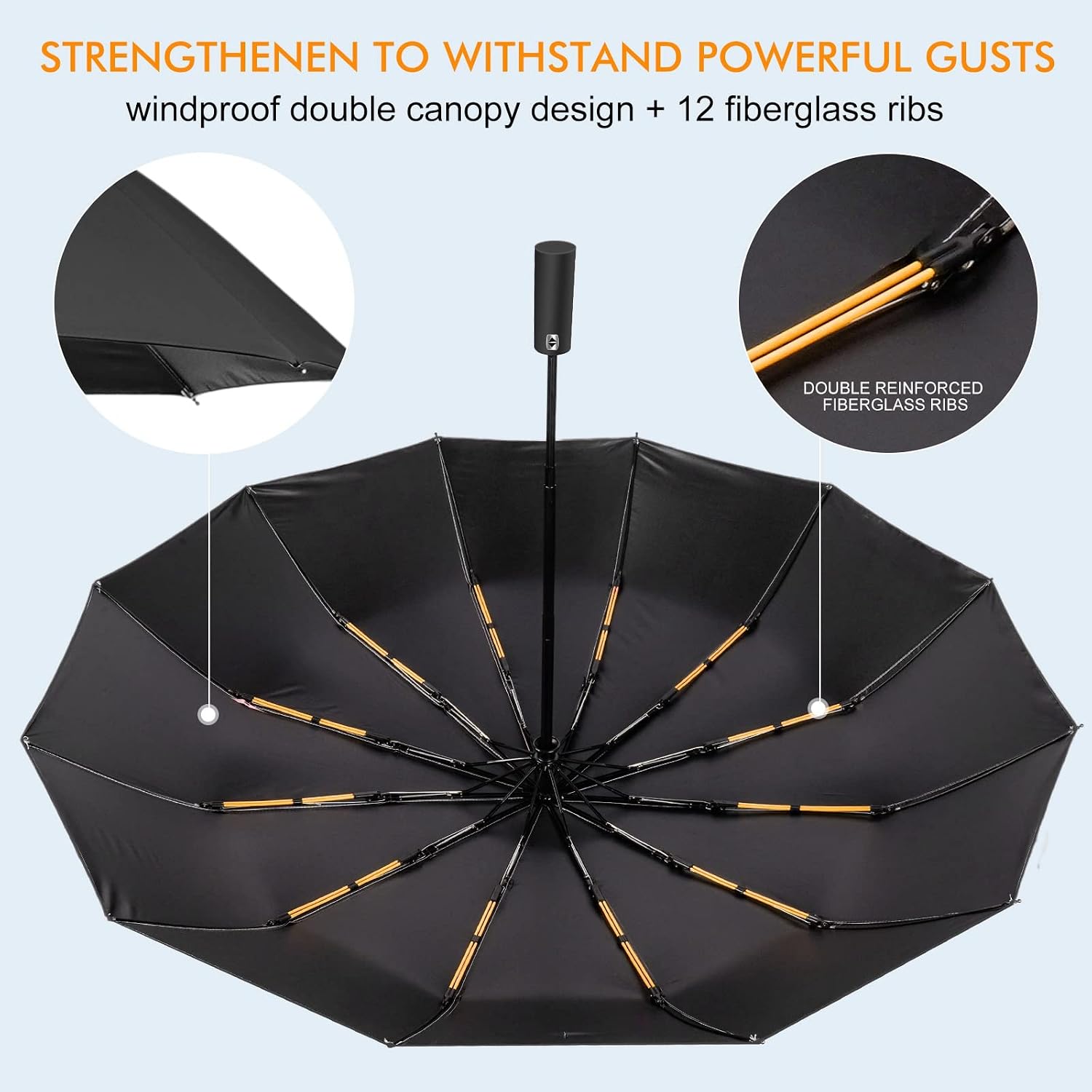 LAMA Travel Automatic Umbrella Windproof for Rain & Sun, Strong Large Compact Umbrella for Men & Women, Wind Resistant, Lightweight, 12 RIBS Portable Folding Umbrellas for Backpack, Car (Black)