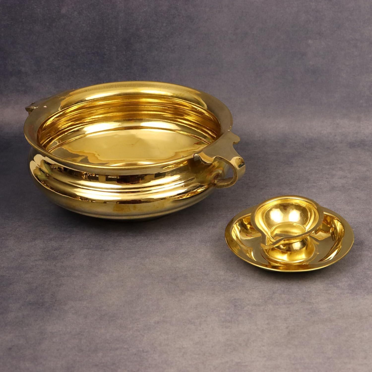 Putrika Brass Urli Decorative Bowl Vessel, Home Decor Festive Gift Item - Urli Handle Size 6 and Lotus Diya 4