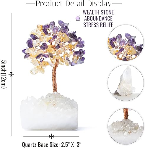 Miniatura 2 de GEMBOURY Árbol de dinero de cristal de citrino de amatista natural con base de cuarzo blanco, 5.5 pulgadas, árbol de bonsái de piedras preciosas