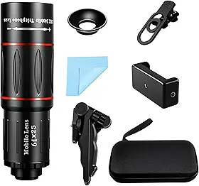 Lente teleobjetiva HD 64X para telefones iPhone e Android, design universal de encaixe, ocular e estojo de transporte incluídos - perfeita para observação da vida selvagem, tiro esportivo e fotografia