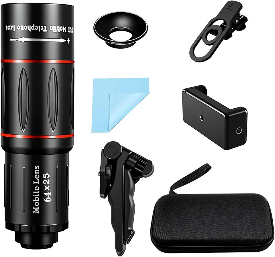 Lente teleobjetiva HD 64X para telefones iPhone e Android, design universal de encaixe, ocular e estojo de transporte incluídos - perfeita para observação da vida selvagem, tiro esportivo e fotografia