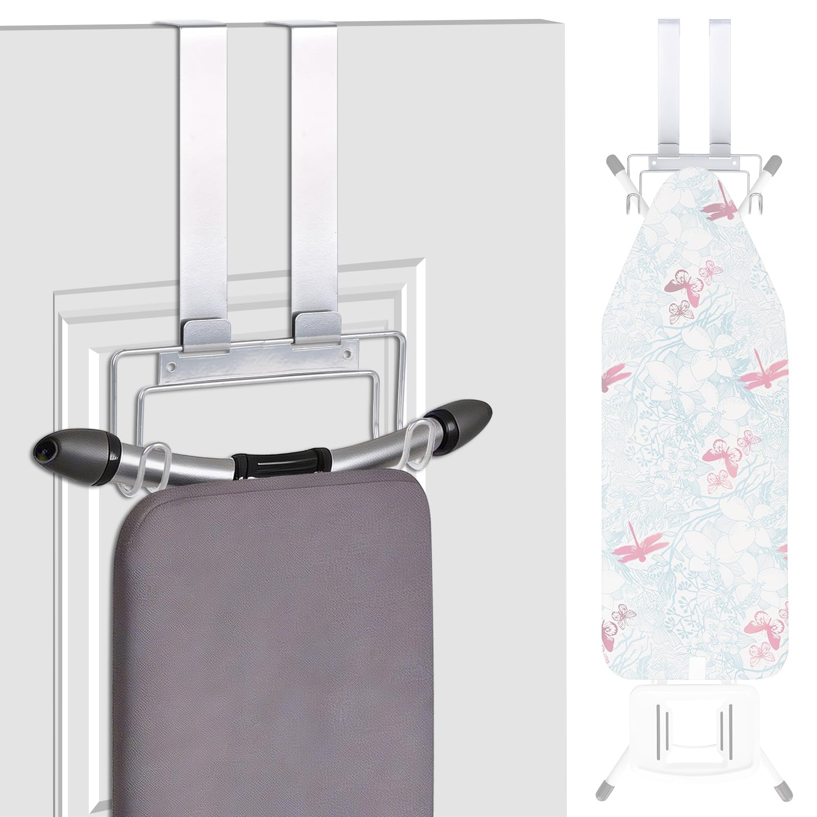 Doygim Over The Door/Wall Mount Ironing Board Hanger with Screws, Silver