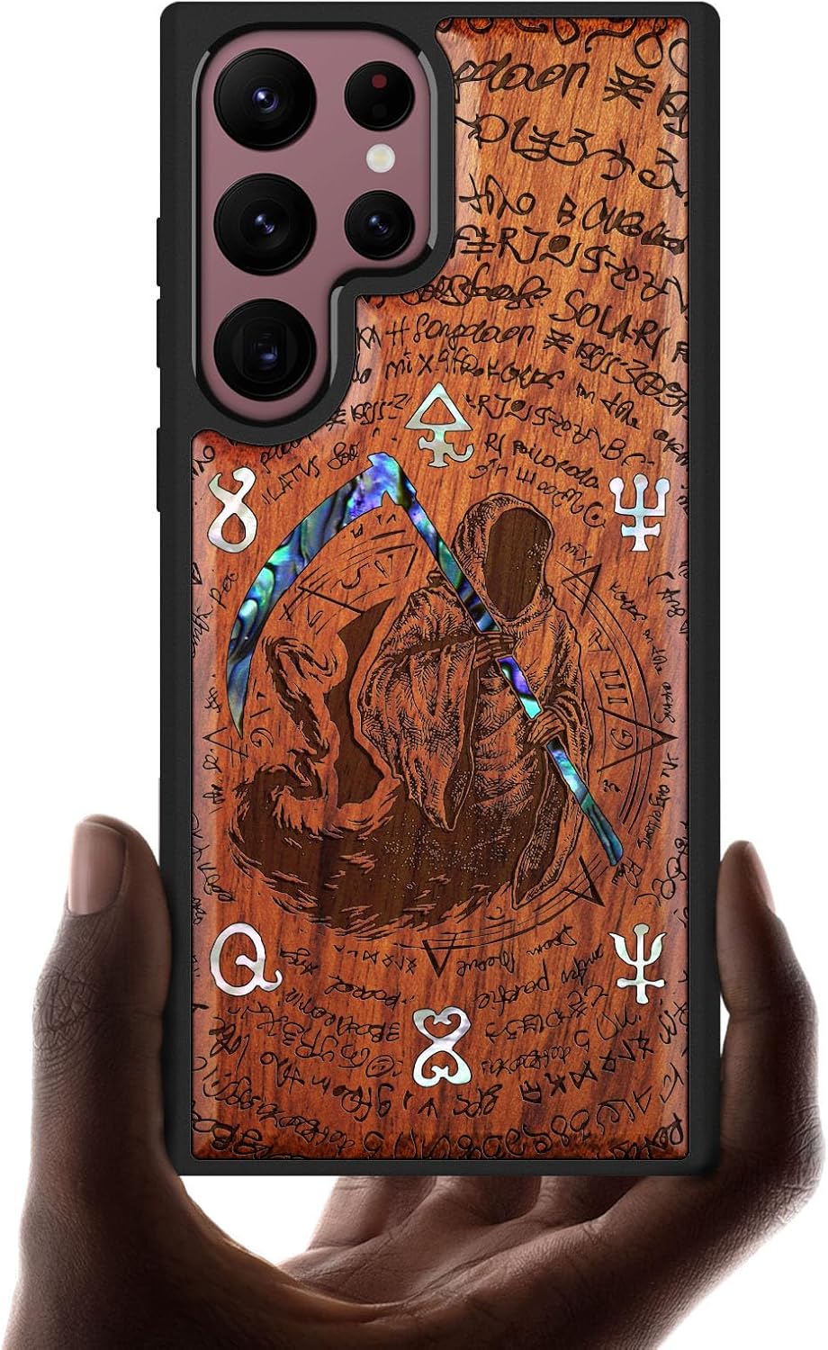 Carveit Designer Wooden Cover for Samsung Galaxy S22 Ultra Case [Wood Engraving & Shell Inlay] Compatible with Wireless Chargers Galaxy S22 Ultra (Grim Reaper-Rosy)