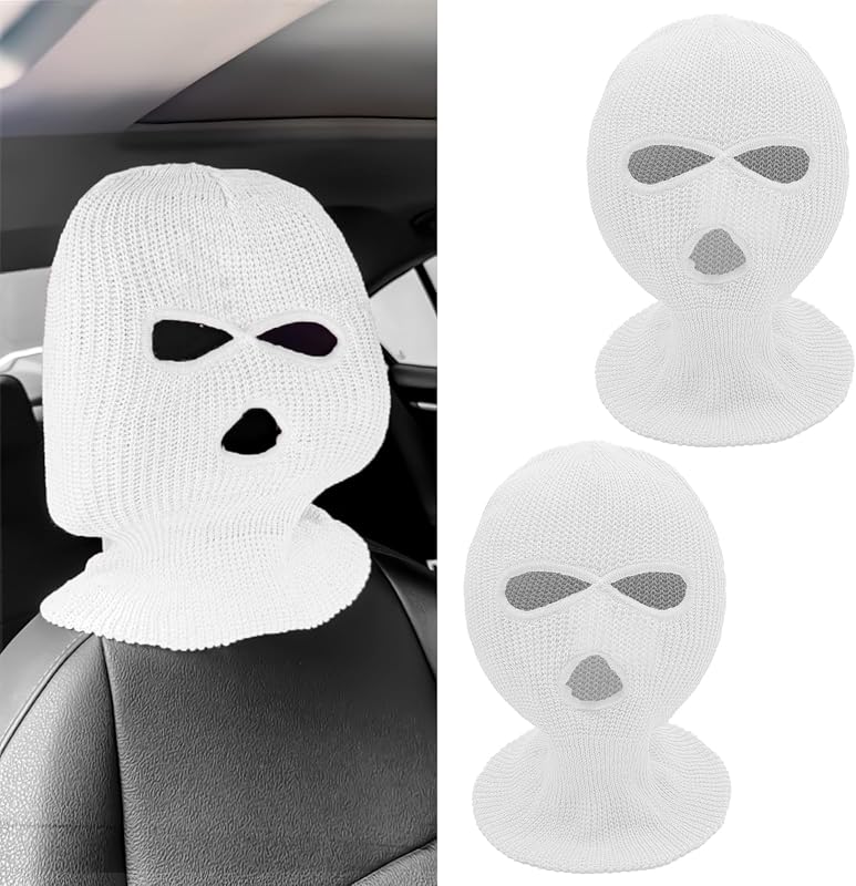 2PCS Funny Car Headrest Cover, Personalized Ski Mask Car Headrest Covers, Full Face Mask Protector & Decoration for Auto Front Seats - Spoof Face, Soft, Breathable Fabric for Most Cars, SUVs (White)