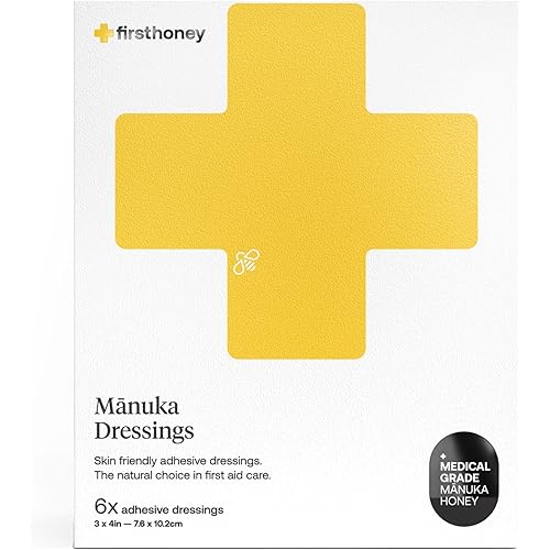 First Honey Manuka Honey Adhesive Bandages 6 Pack | Latex Free, Antibiotic Free Wound Dressing | Medical Grade Honey Adhesive Pads | First Aid Care Burns, Cuts, Scrapes, Wounds, Lacerations