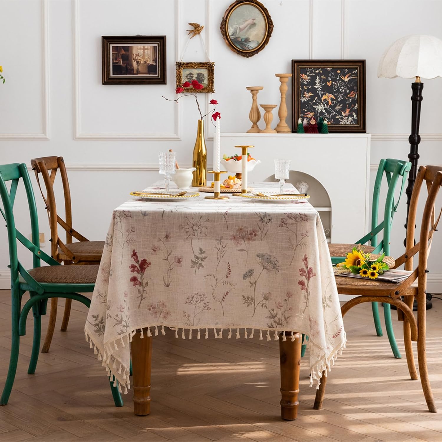 RoomTalks Boho Floral Tablecloth Rectangular Vintage Farmhouse Rustic Country Dining Coffee Outdoor Patio Table Cloths - Waterproof Stain Resistant, Faux Linen Cute Botanical Wildflowers Table Cover