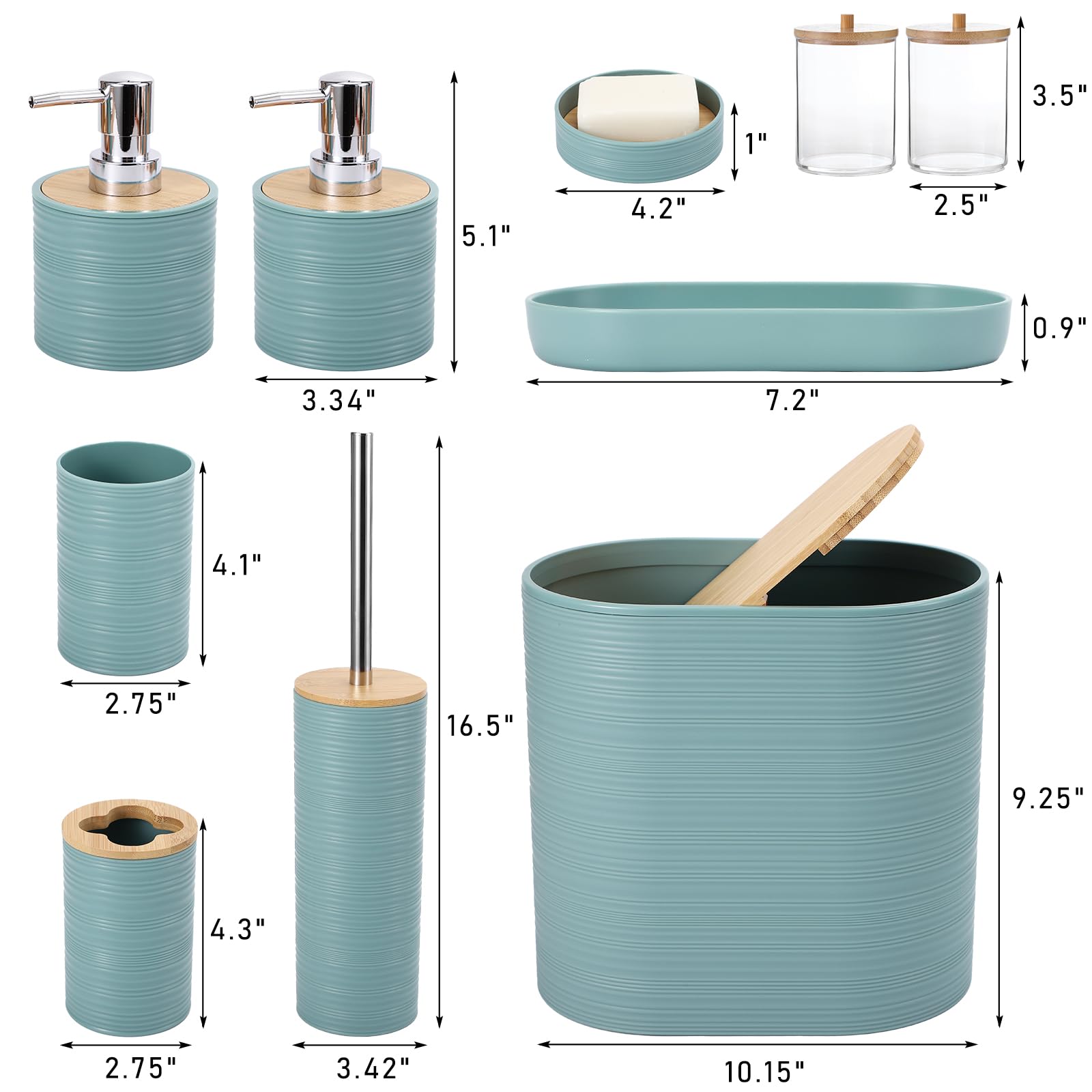 XLHOMO Blaues Badezimmer-Set, hellblaues Badezimmer-Zubehör-Set mit Mülleimer, 2 Seifenspender, Seifenschale, Zahnbürstenhalter, Zahnbürstenbecher, WC-Bürste, Tablett und Qtip-Halter für